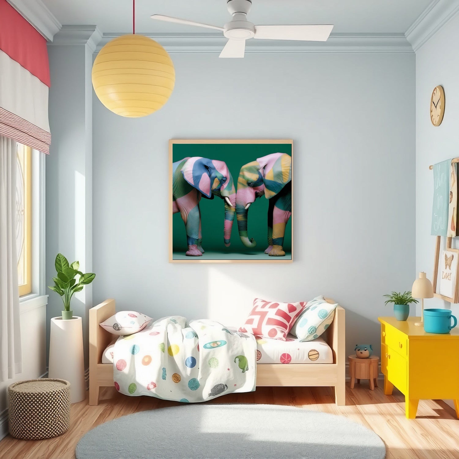 Elephants modern abstract wall art print — unique wildlife artwork with bold patterns, contemporary elephant poster for safari decor in nursery
