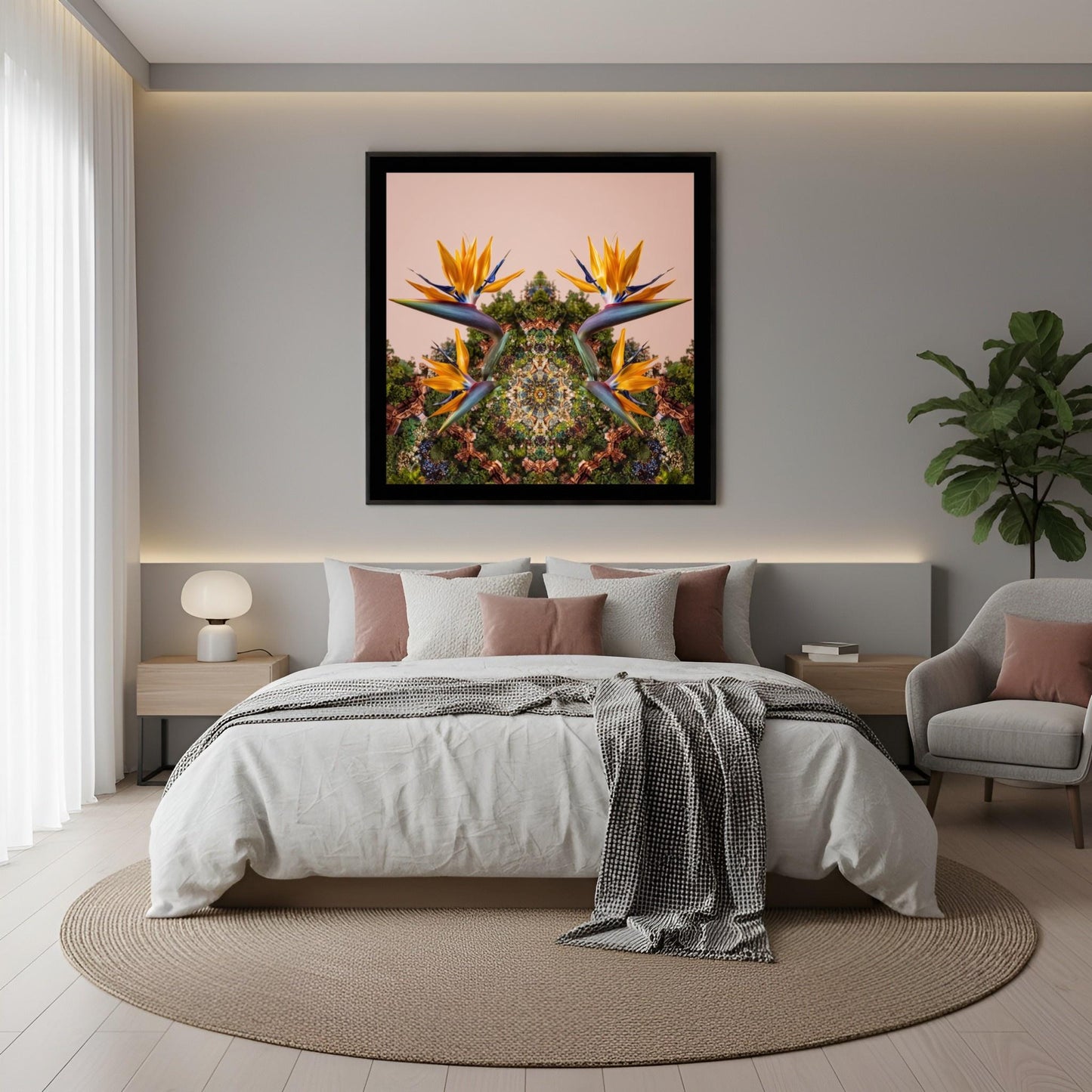 Mirrored Bird of Paradise art print – tropical orange blossoms with mirrored foliage, bold exotic wall art in boho bedroom