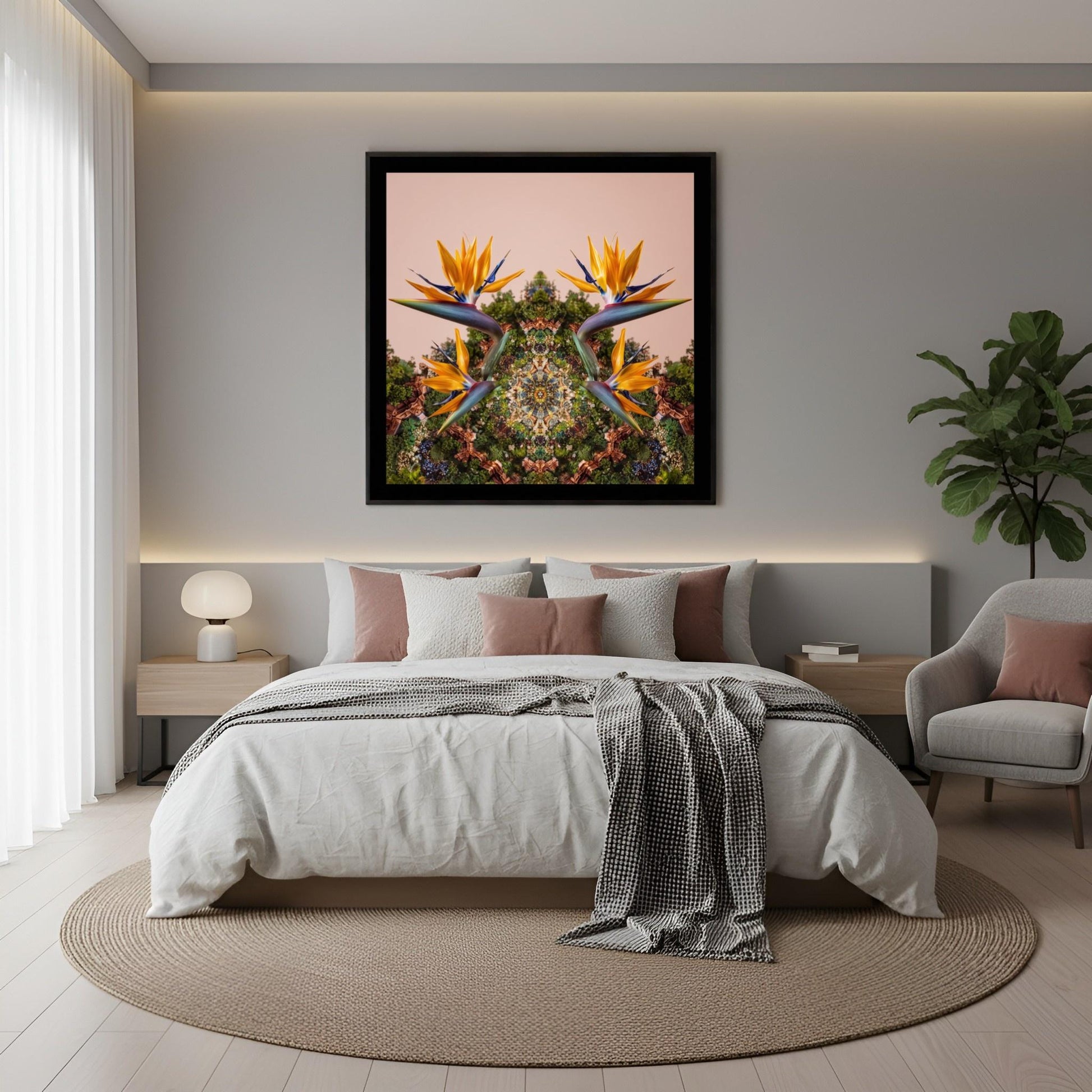 Mirrored Bird of Paradise art print – tropical orange blossoms with mirrored foliage, bold exotic wall art in boho bedroom