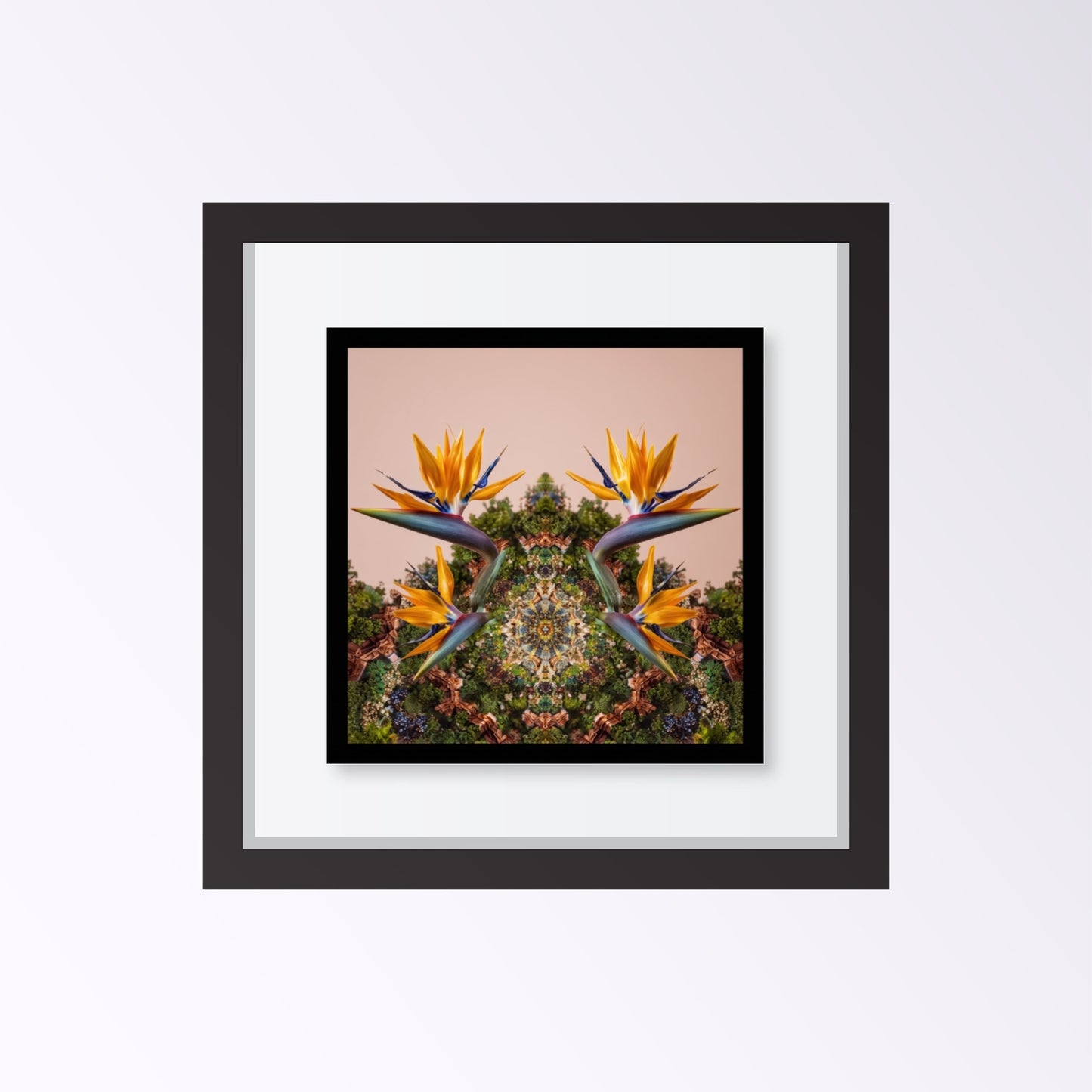 Mirrored Bird of Paradise art print – tropical orange blossoms with mirrored foliage, bold exotic wall art framed black