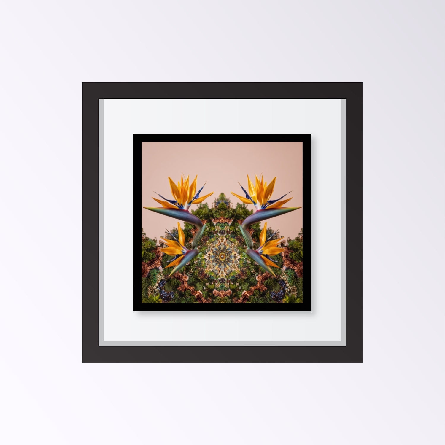 Mirrored Bird of Paradise art print – tropical orange blossoms with mirrored foliage, bold exotic wall art framed black