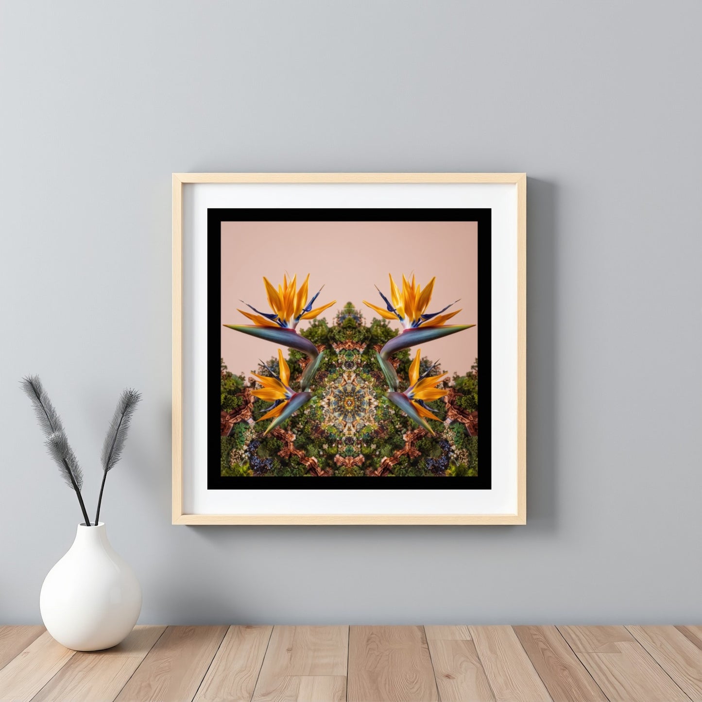 Mirrored Bird of Paradise art print – tropical orange blossoms with mirrored foliage, bold exotic wall art framed white