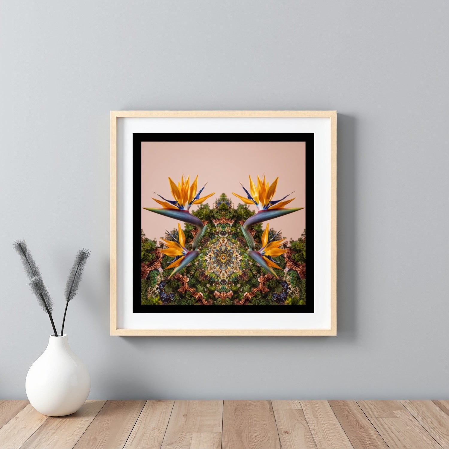 Mirrored Bird of Paradise art print – tropical orange blossoms with mirrored foliage, bold exotic wall art framed white