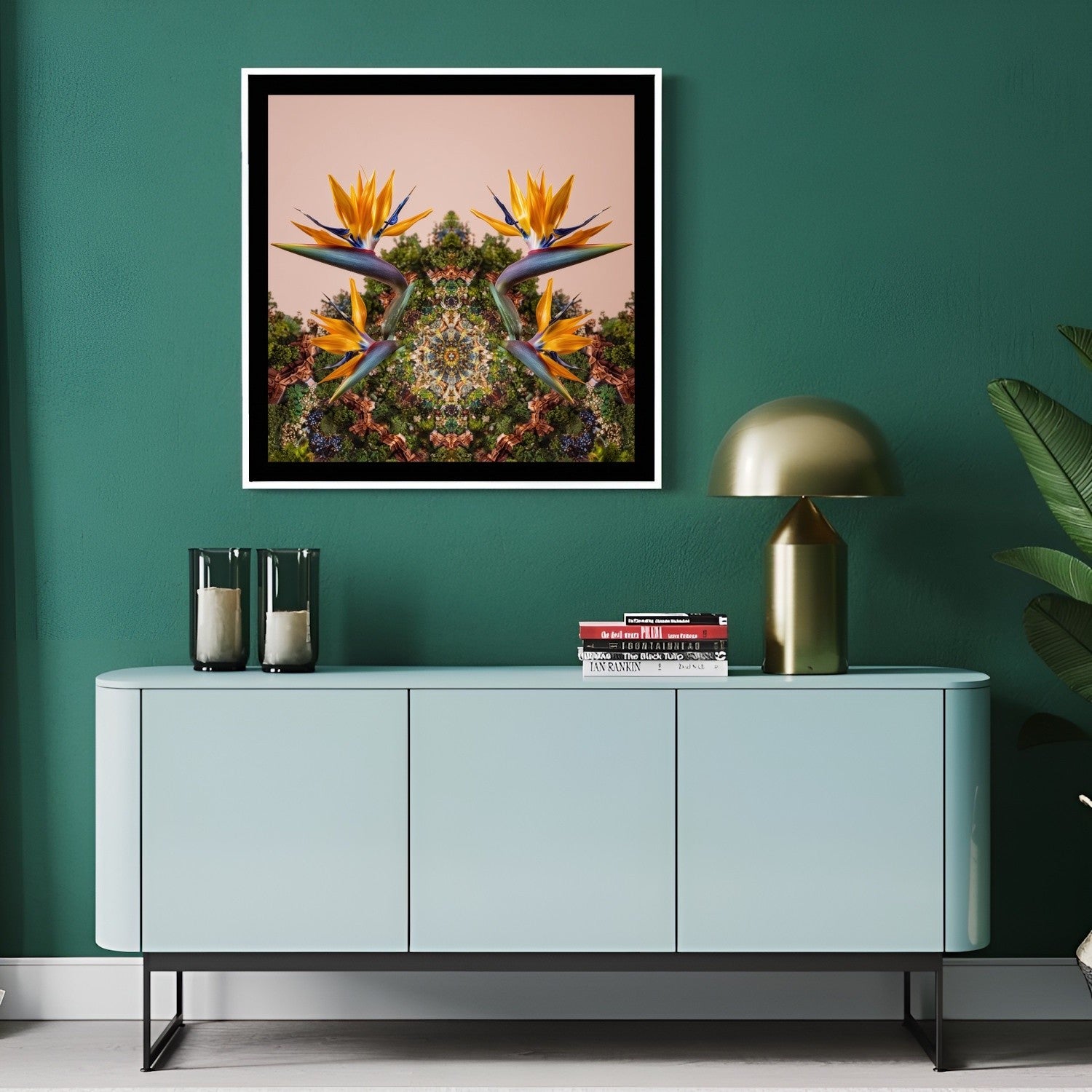Mirrored Bird of Paradise art print – tropical orange blossoms with mirrored foliage, bold exotic wall art in modern hallway