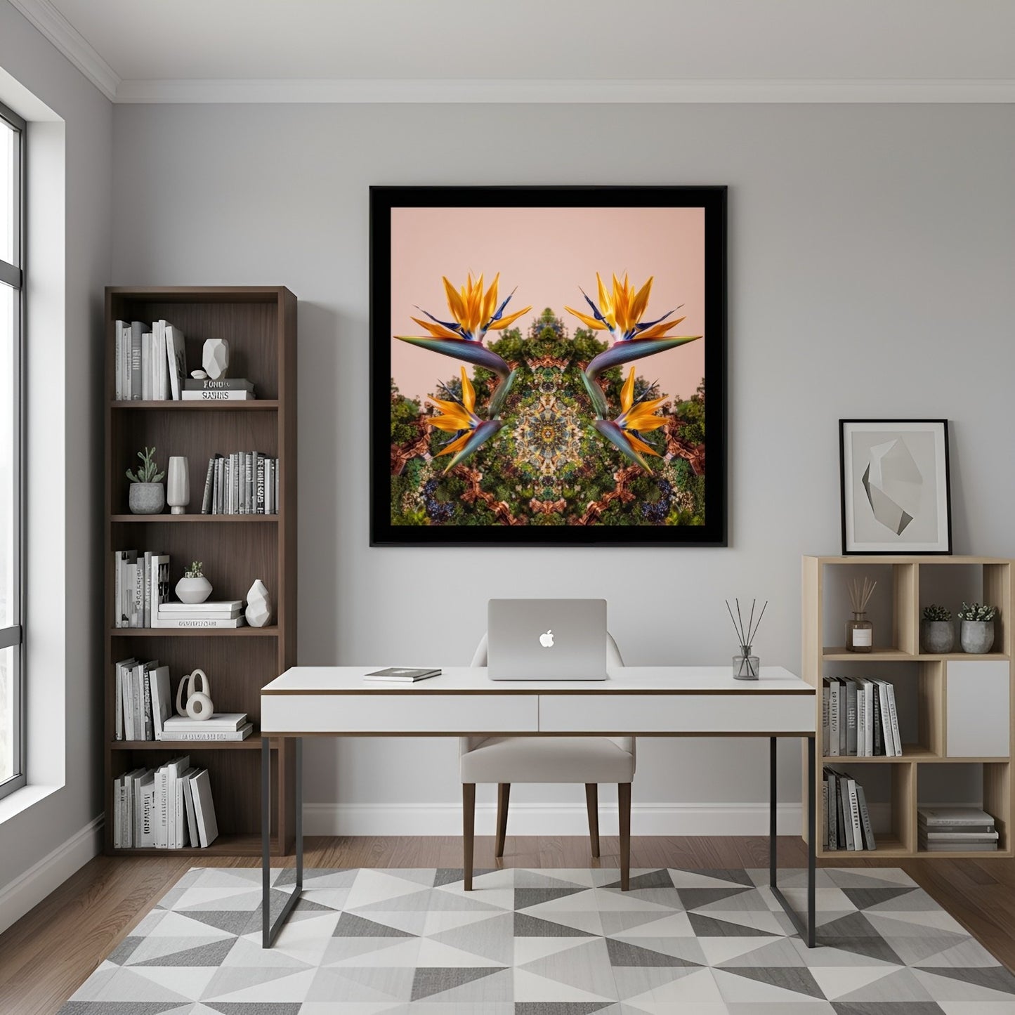 Mirrored Bird of Paradise art print – tropical orange blossoms with mirrored foliage, bold exotic wall art in home office