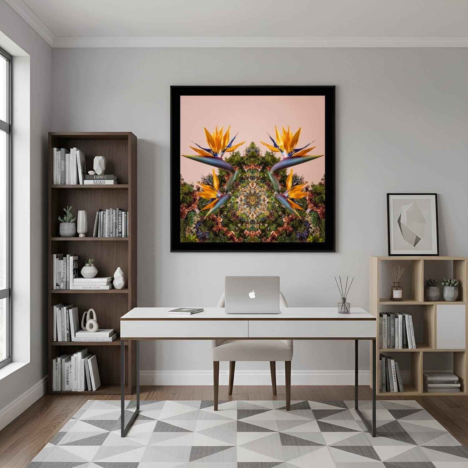 Mirrored Bird of Paradise art print – tropical orange blossoms with mirrored foliage, bold exotic wall art in home office