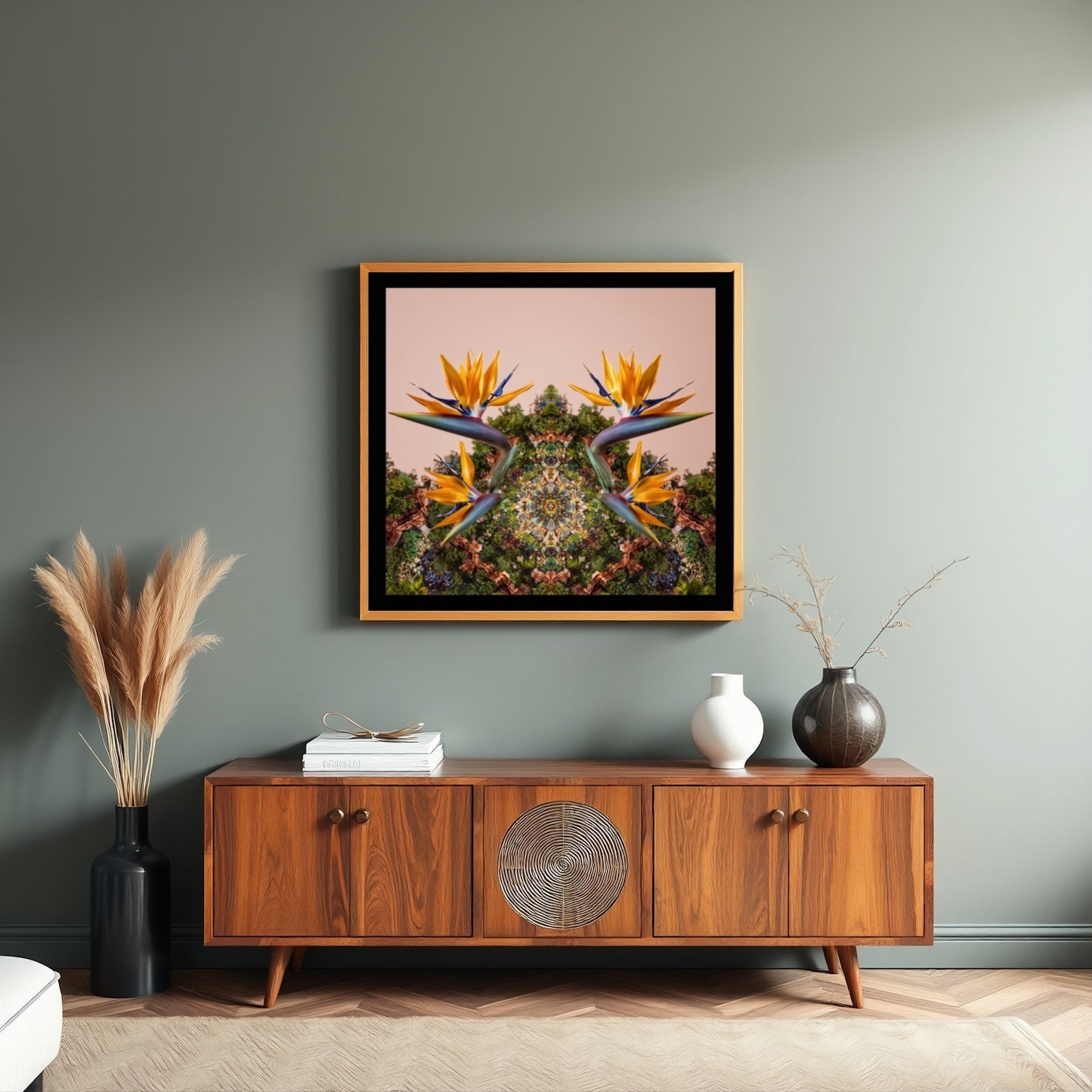 Mirrored Bird of Paradise art print – tropical orange blossoms with mirrored foliage, bold exotic wall art in living room