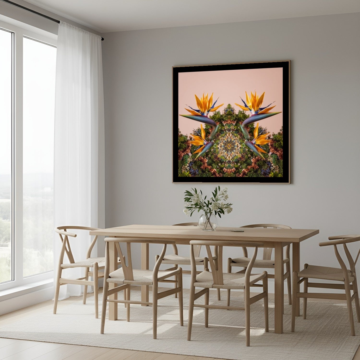 Mirrored Bird of Paradise art print – tropical orange blossoms with mirrored foliage, bold exotic wall art in Scandinavian dining
