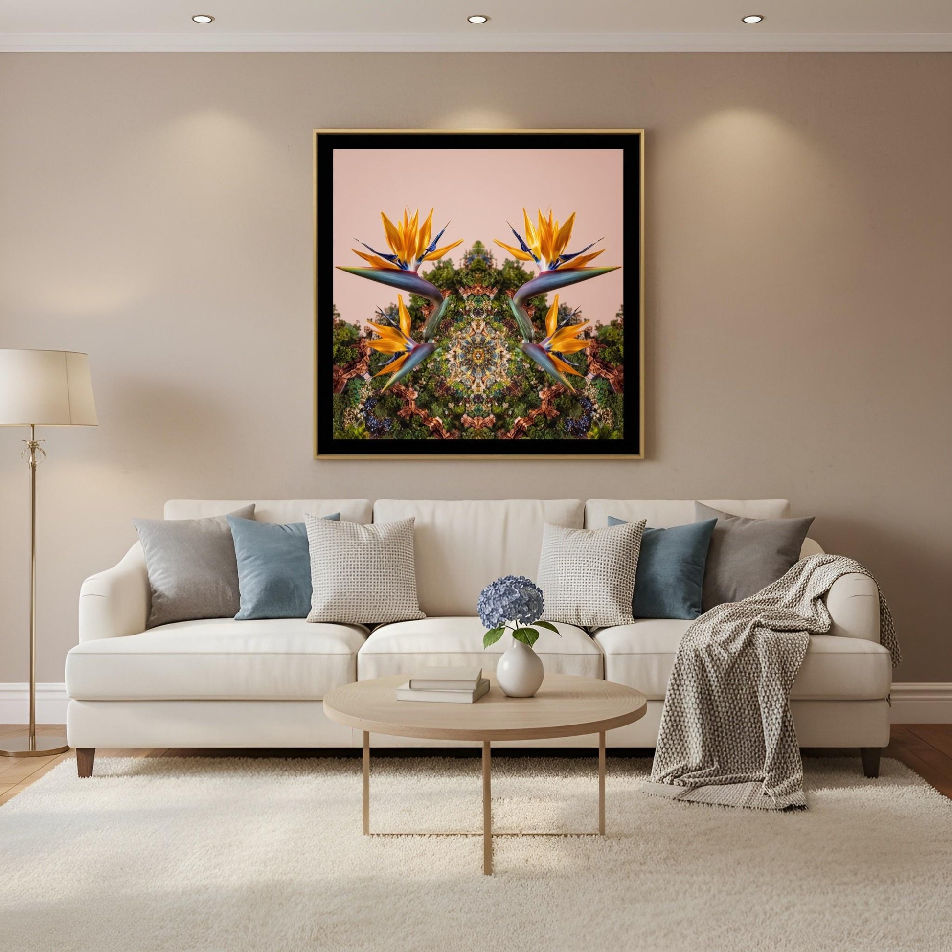Mirrored Bird of Paradise art print – tropical orange blossoms with mirrored foliage, bold exotic wall art in Scandinavian Living