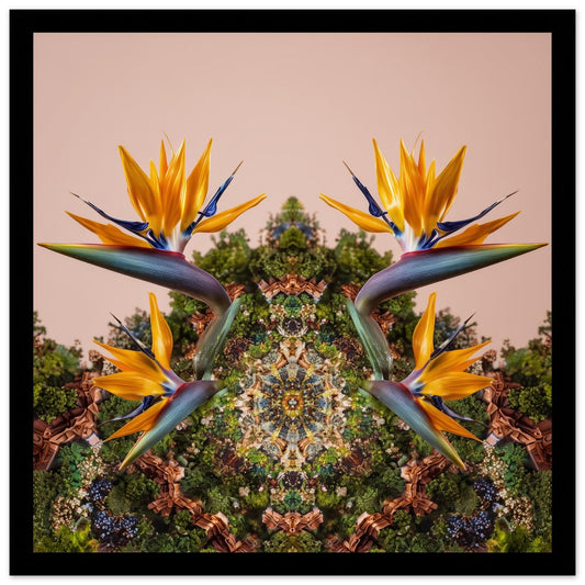 Mirrored Bird of Paradise art print – tropical orange blossoms with mirrored foliage, bold exotic wall art close up