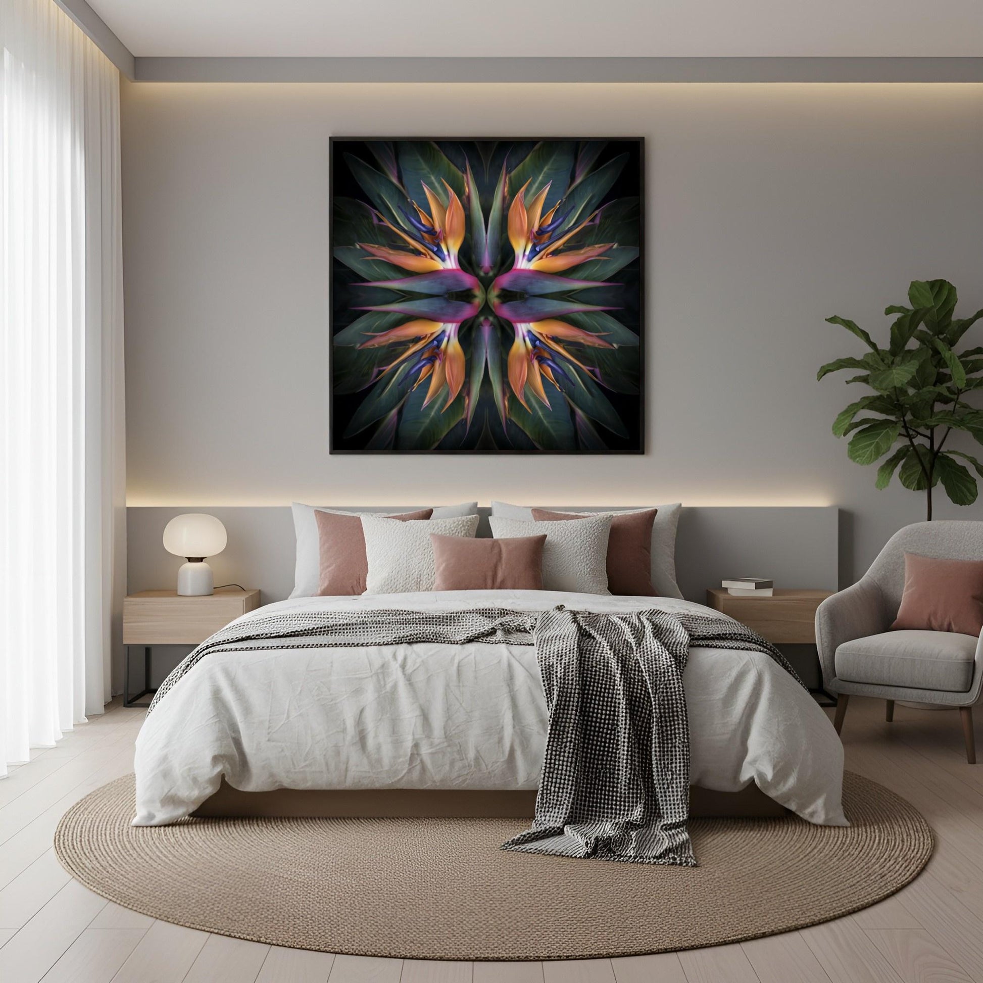Exotic Bloom artwork – orange and pink birds of paradise tropical petals forming symmetrical pattern, botanical home decor in boho bedroom