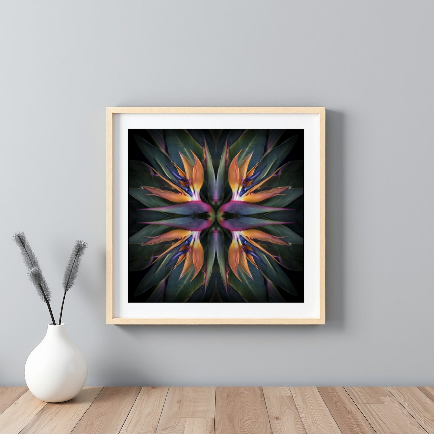 Exotic Bloom artwork – orange and pink birds of paradise tropical petals forming symmetrical pattern, botanical home decor framed white