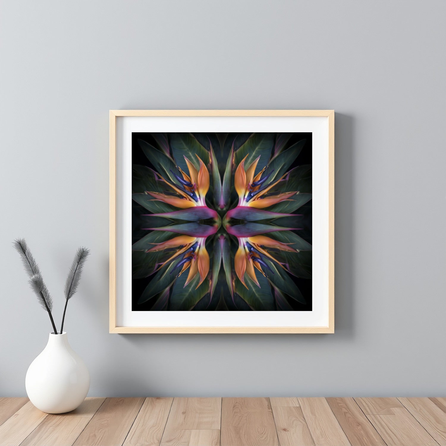 Exotic Bloom artwork – orange and pink birds of paradise tropical petals forming symmetrical pattern, botanical home decor framed white