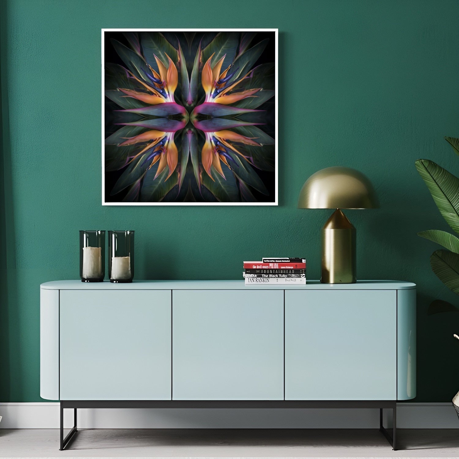 Exotic Bloom artwork – orange and pink birds of paradise tropical petals forming symmetrical pattern, botanical home decor in modern hallway