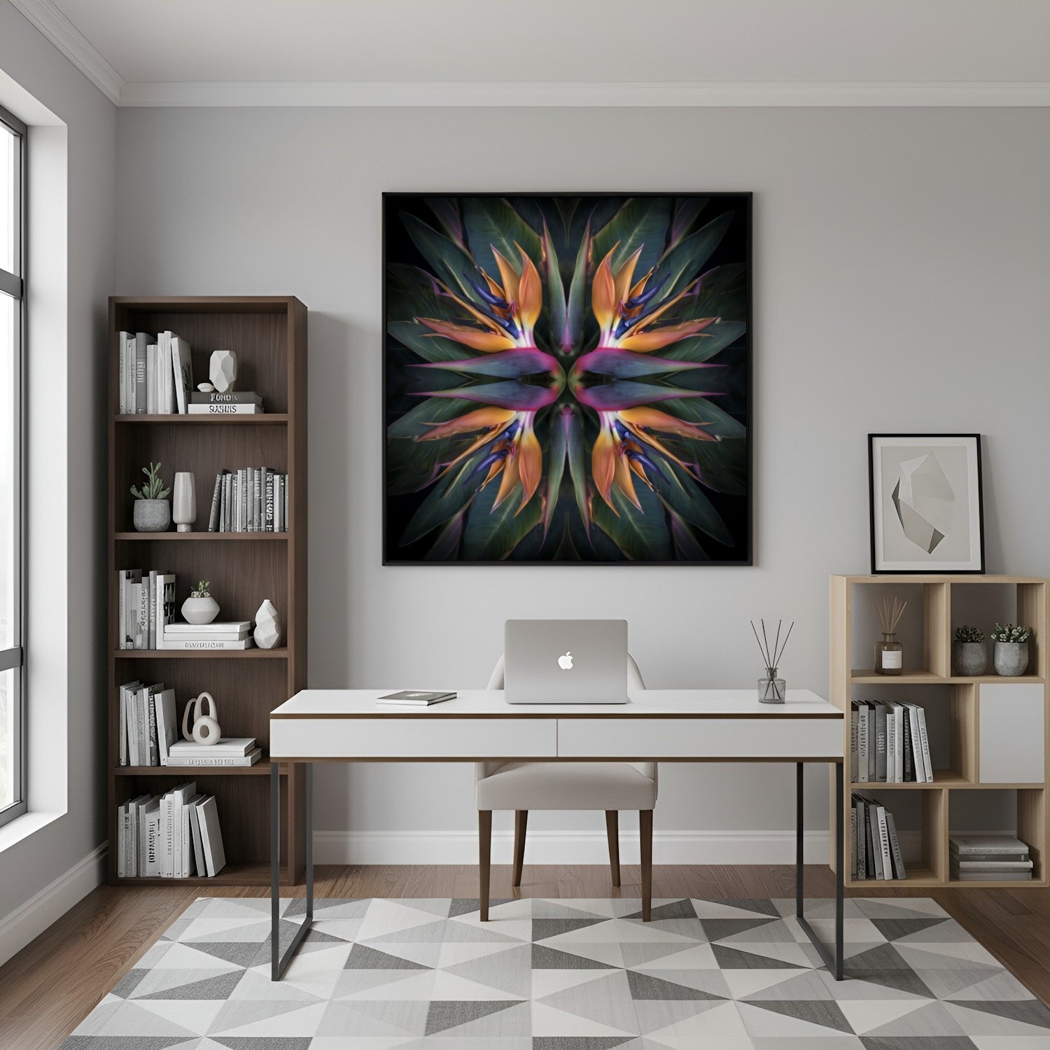 Exotic Bloom artwork – orange and pink birds of paradise tropical petals forming symmetrical pattern, botanical home decor in home office