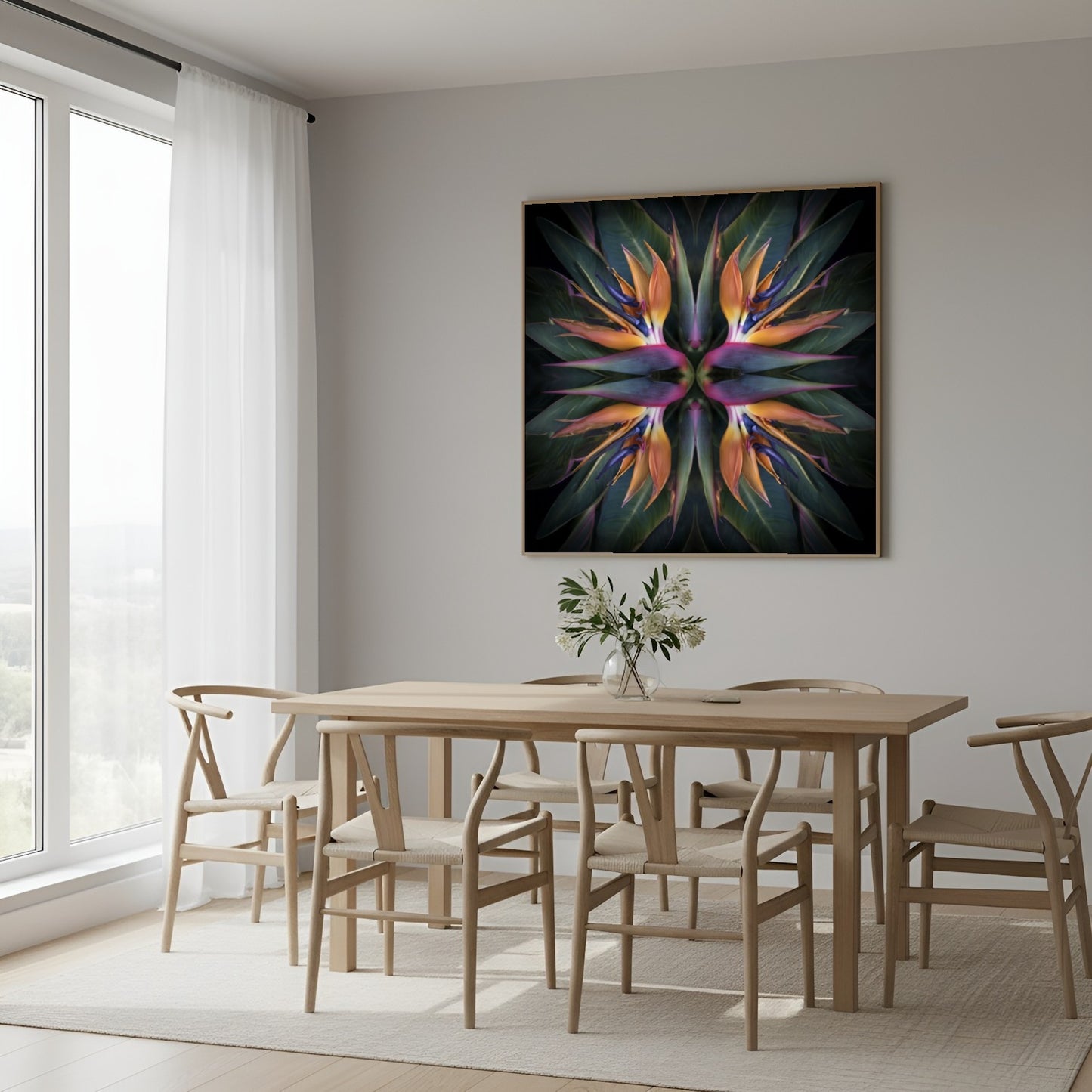 Exotic Bloom artwork – orange and pink birds of paradise tropical petals forming symmetrical pattern, botanical home decor in Scandinavian dining