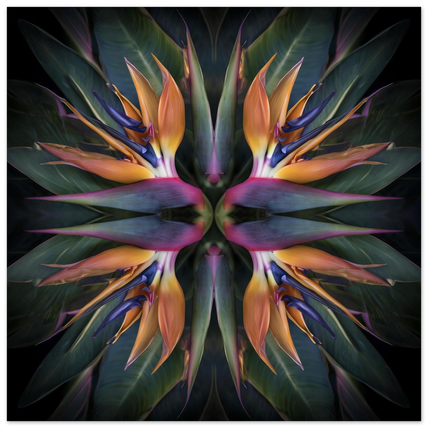 Exotic Bloom artwork – orange and pink birds of paradise tropical petals forming symmetrical pattern, botanical home decor close up