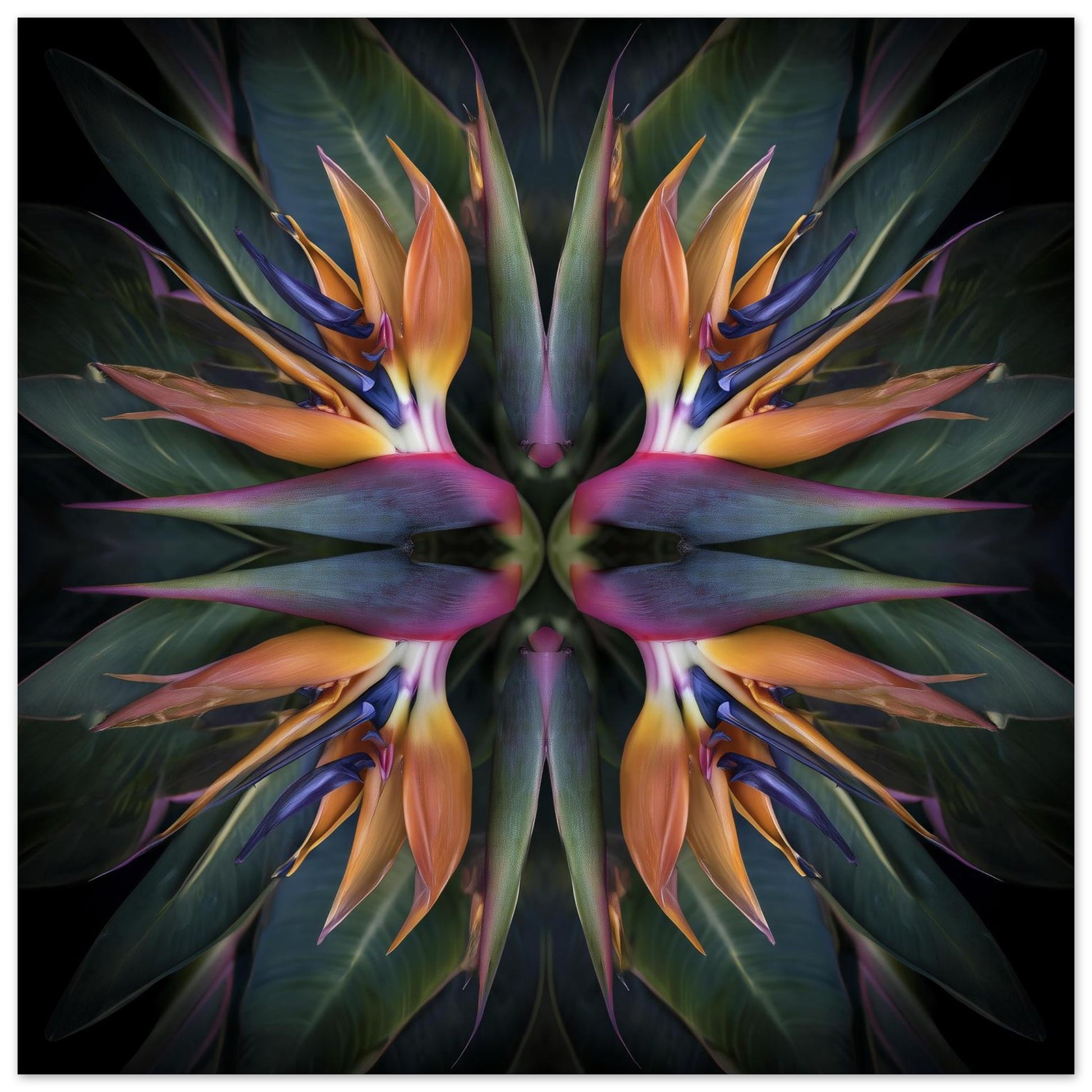 Exotic Bloom artwork – orange and pink birds of paradise tropical petals forming symmetrical pattern, botanical home decor close up