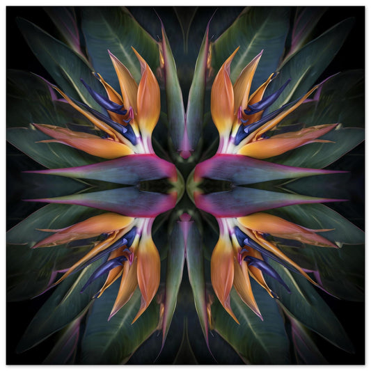Exotic Bloom artwork – orange and pink birds of paradise tropical petals forming symmetrical pattern, botanical home decor close up
