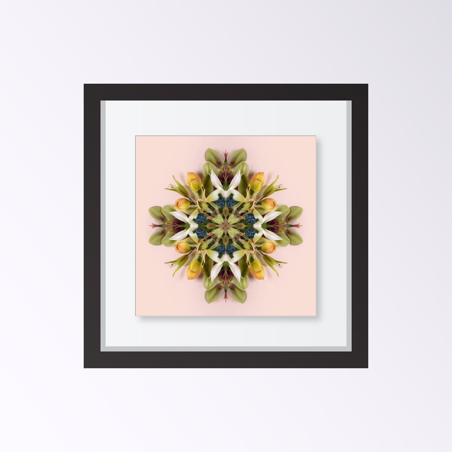 Floral Mandala print – green and pink blooms arranged in a circular kaleidoscope, modern floral wall art framed black