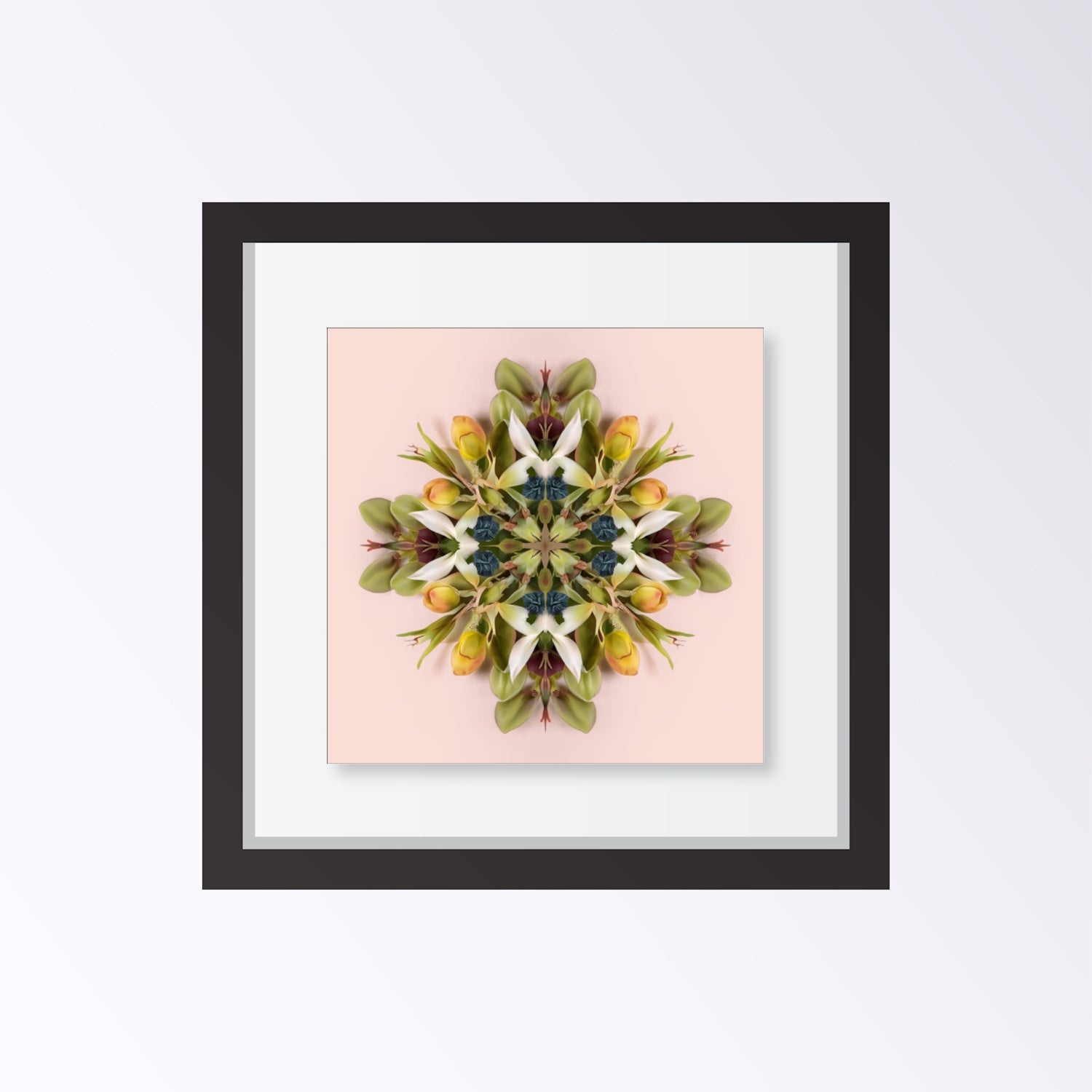 Floral Mandala print – green and pink blooms arranged in a circular kaleidoscope, modern floral wall art framed black