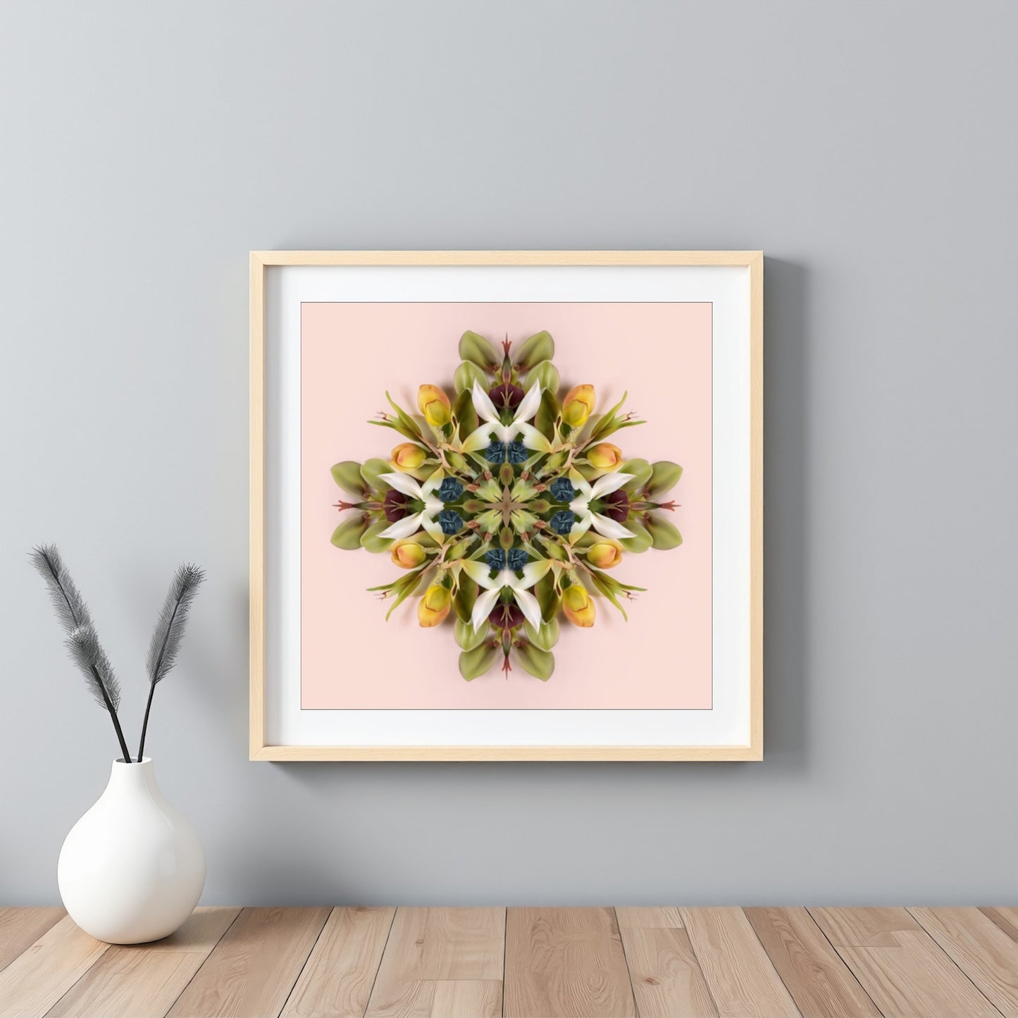 Floral Mandala print – green and pink blooms arranged in a circular kaleidoscope, modern floral wall art framed white