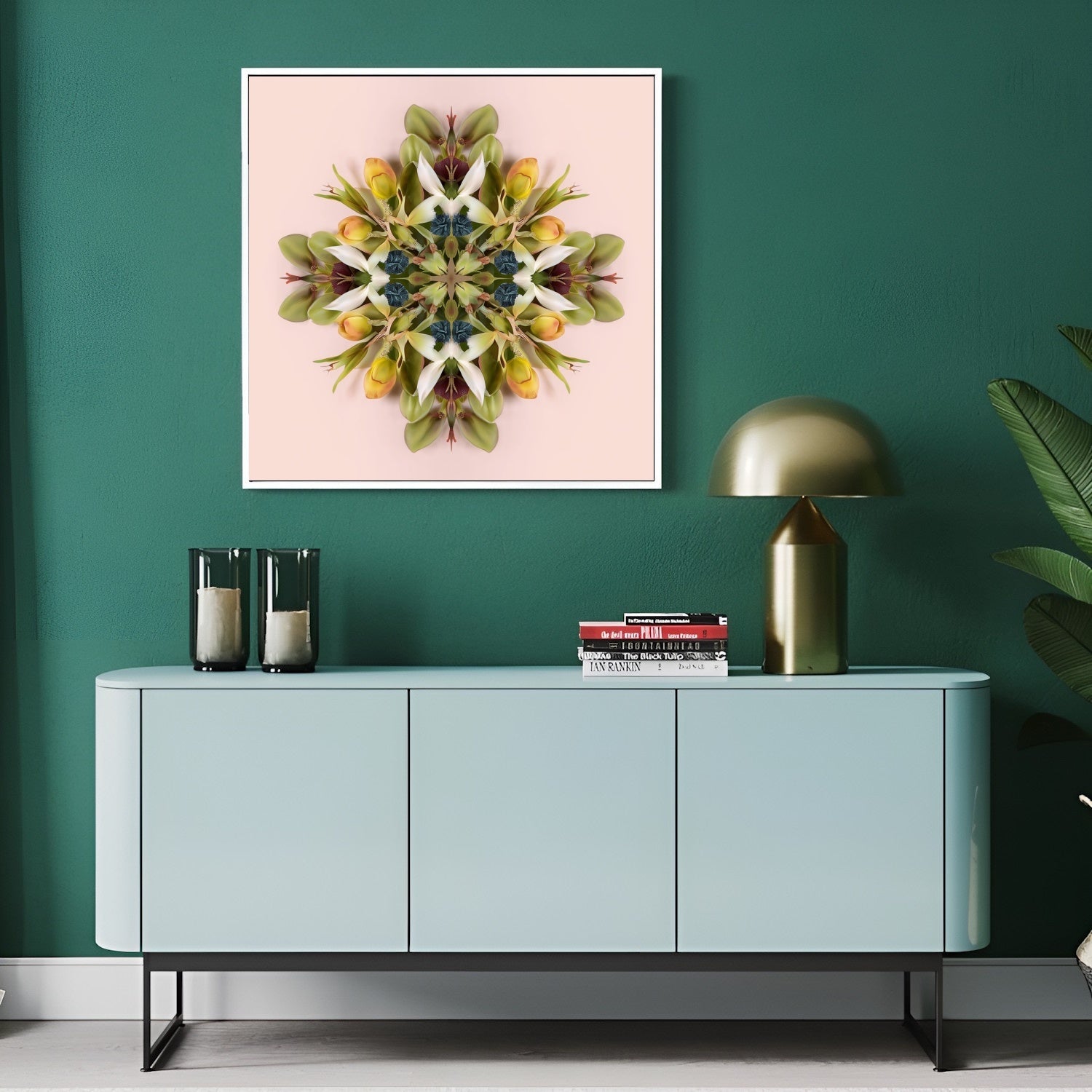 Floral Mandala print – green and pink blooms arranged in a circular kaleidoscope, modern floral wall art in modern hallway