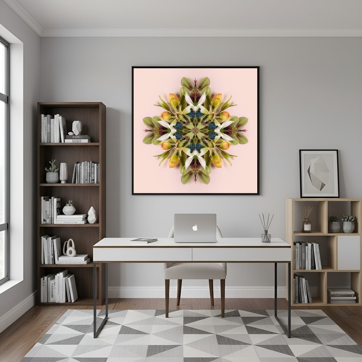 Floral Mandala print – green and pink blooms arranged in a circular kaleidoscope, modern floral wall art in modern office