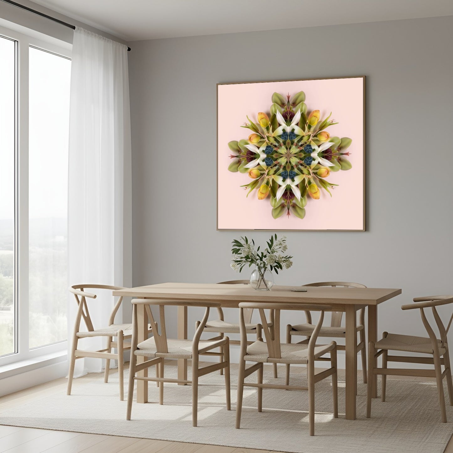 Floral Mandala print – green and pink blooms arranged in a circular kaleidoscope, modern floral wall art in Scandinavian dining