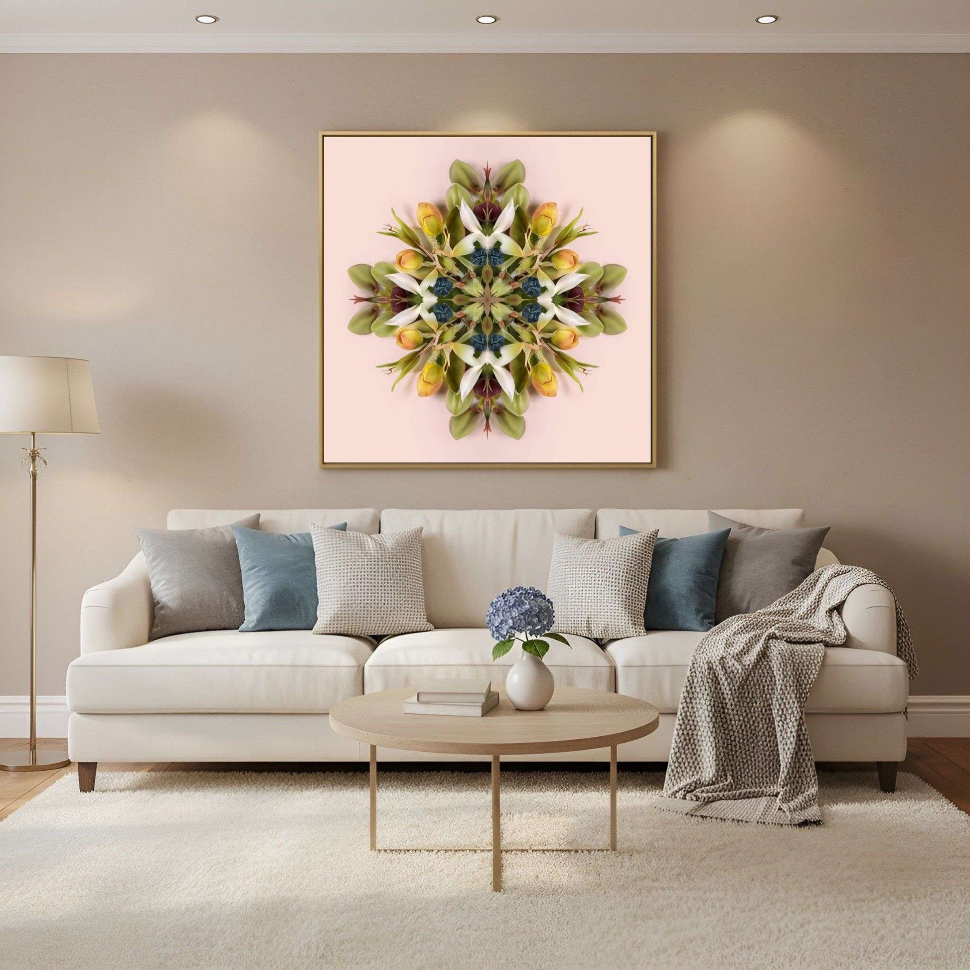 Floral Mandala print – green and pink blooms arranged in a circular kaleidoscope, modern floral wall art in Scandinavian living