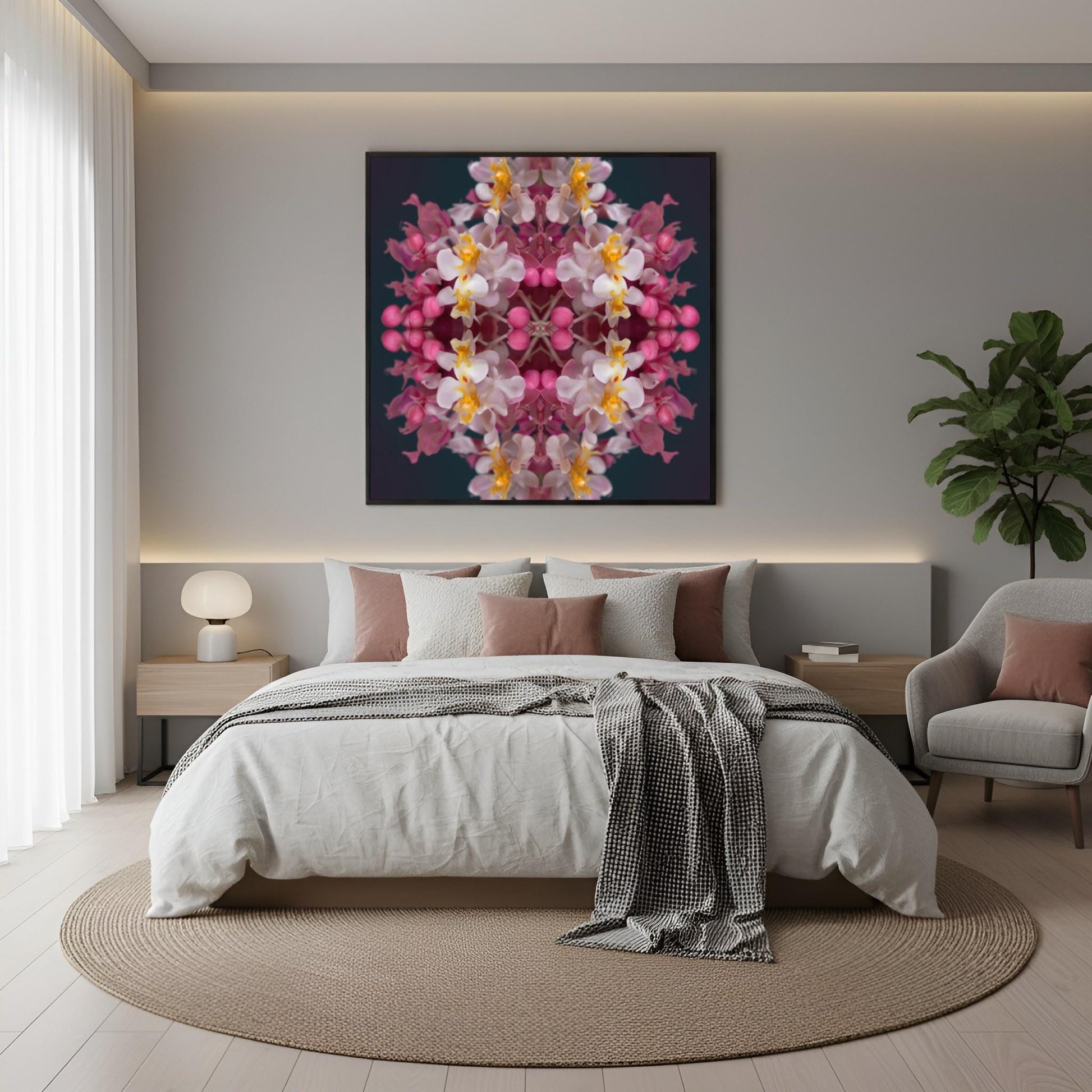 Orchid Haze wall art – soft pink and yellow orchids blurred in dreamy symmetry, elegant floral print in boho bedroom