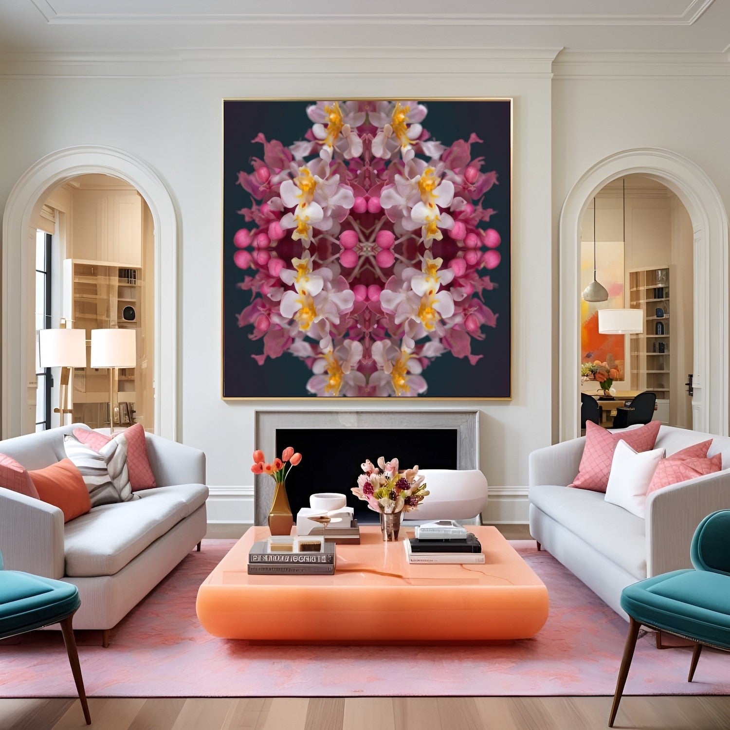 Orchid Haze wall art – soft pink and yellow orchids blurred in dreamy symmetry, elegant floral print in eclectic lounge