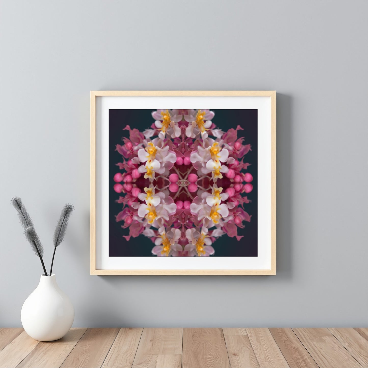 Orchid Haze wall art – soft pink and yellow orchids blurred in dreamy symmetry, elegant floral print framed white