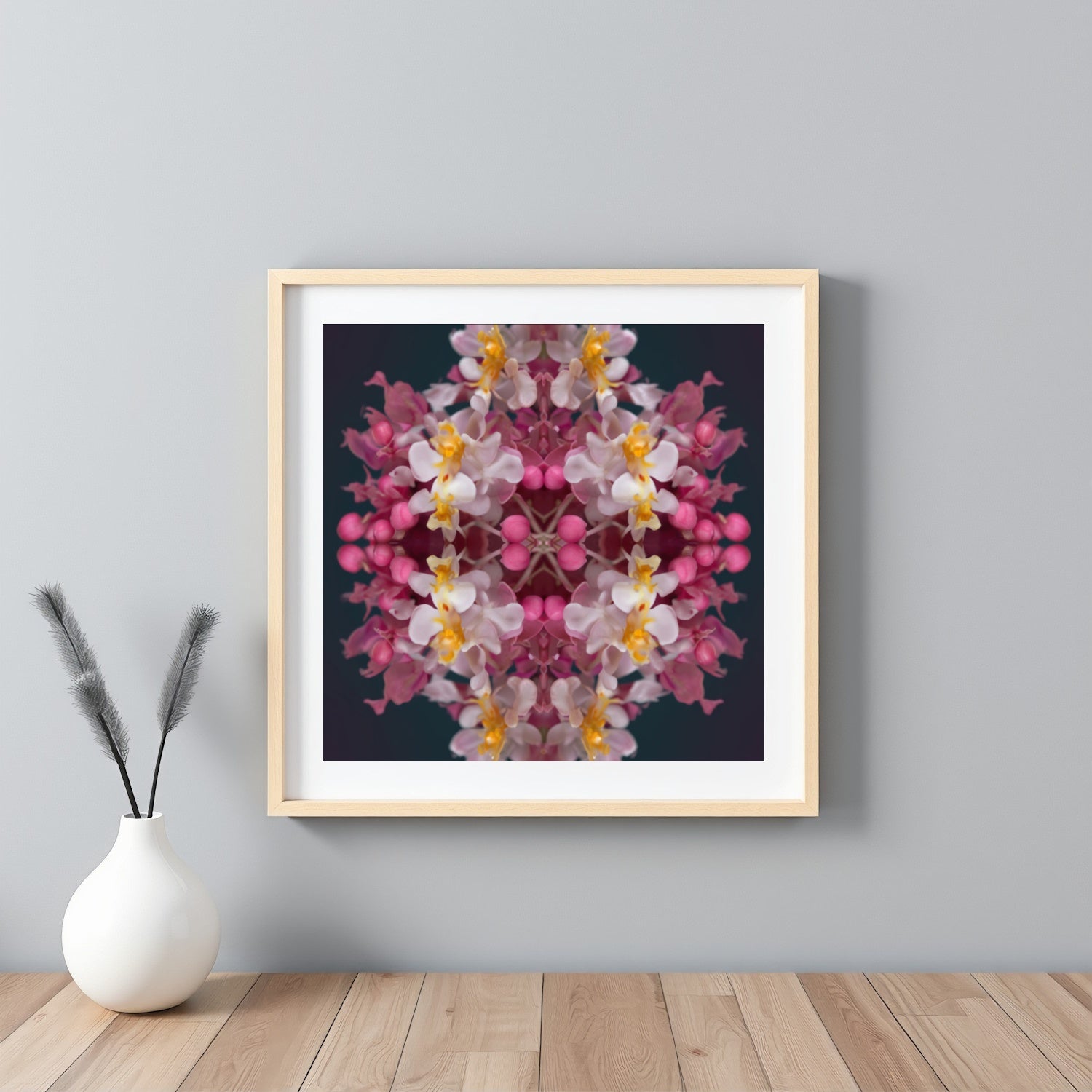 Orchid Haze wall art – soft pink and yellow orchids blurred in dreamy symmetry, elegant floral print framed white