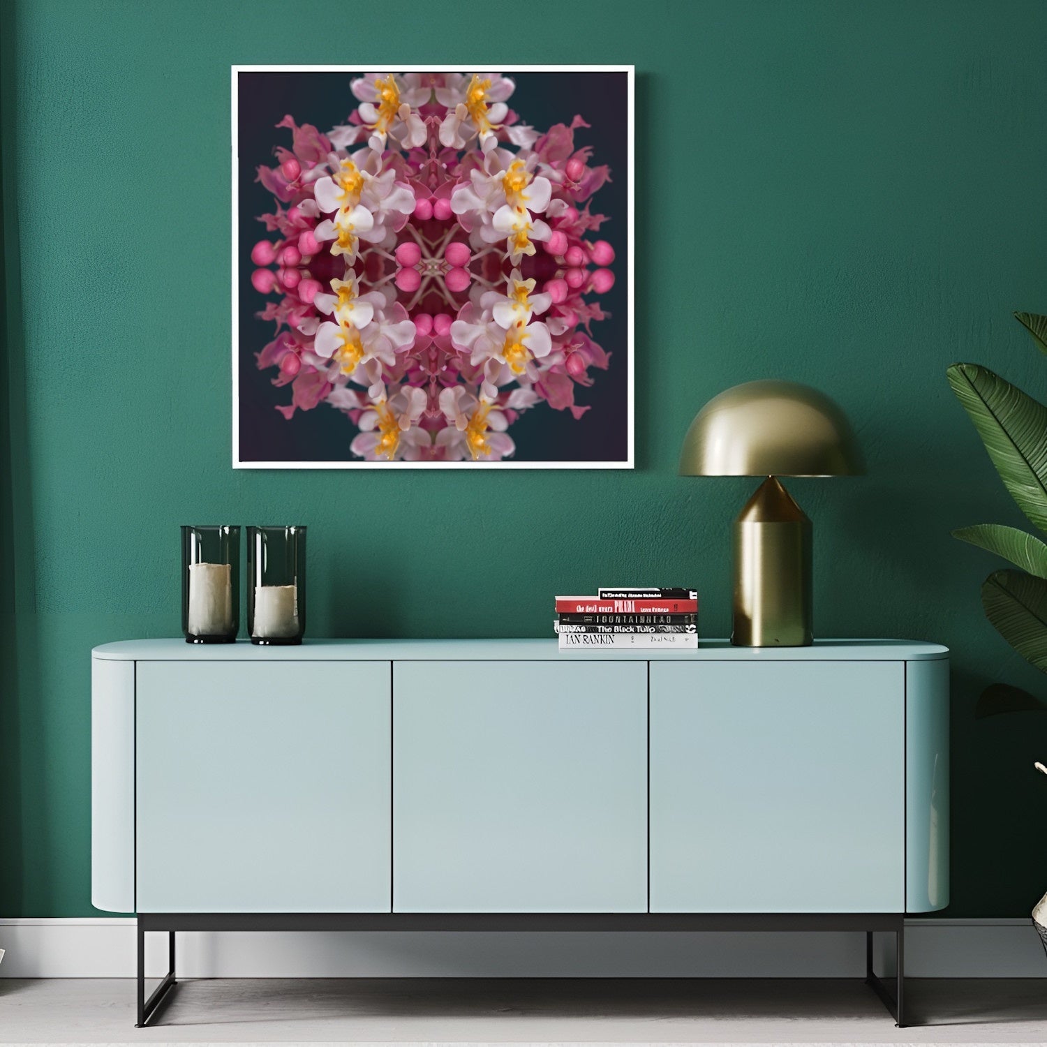 Orchid Haze wall art – soft pink and yellow orchids blurred in dreamy symmetry, elegant floral print in modern hallway