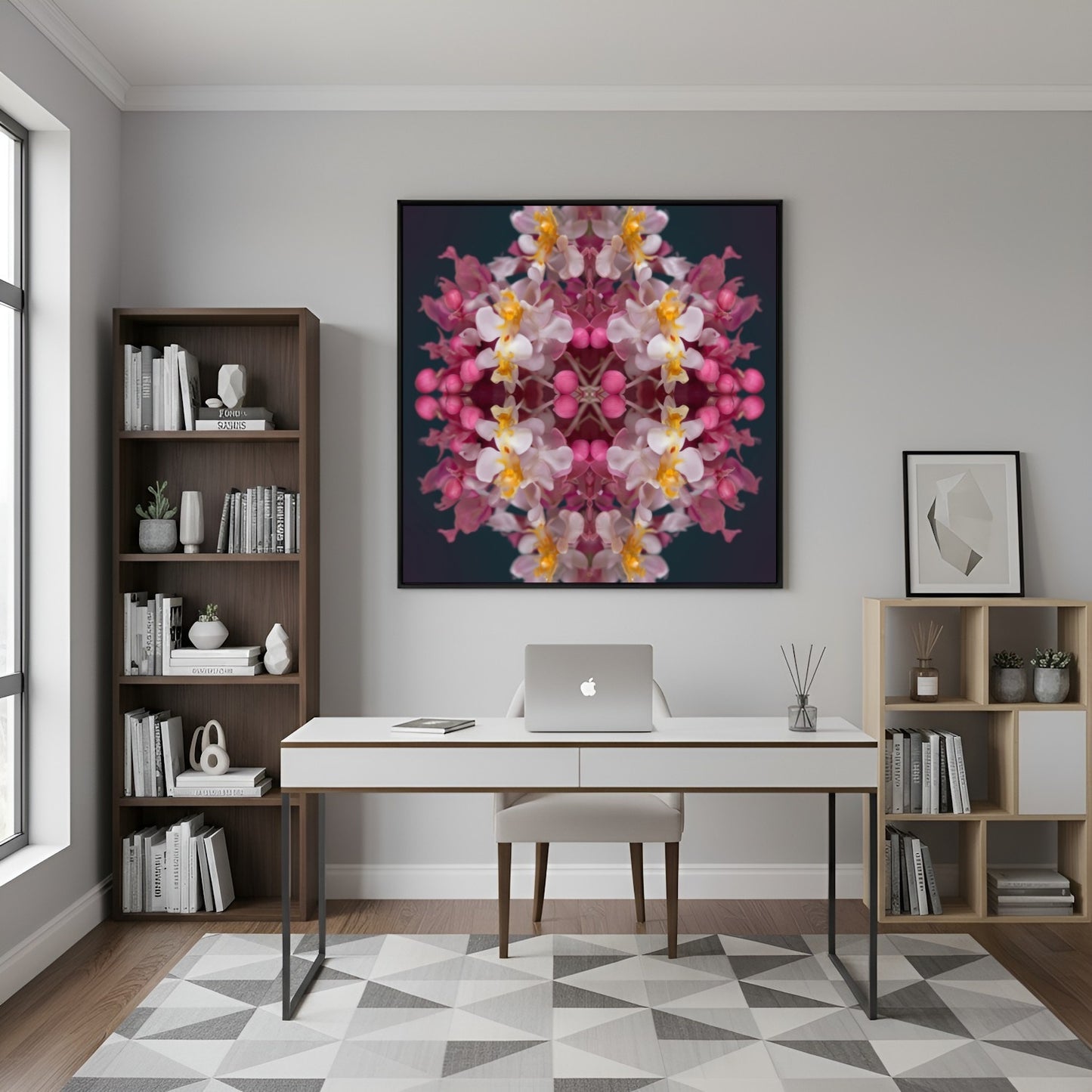 Orchid Haze wall art – soft pink and yellow orchids blurred in dreamy symmetry, elegant floral print in home office