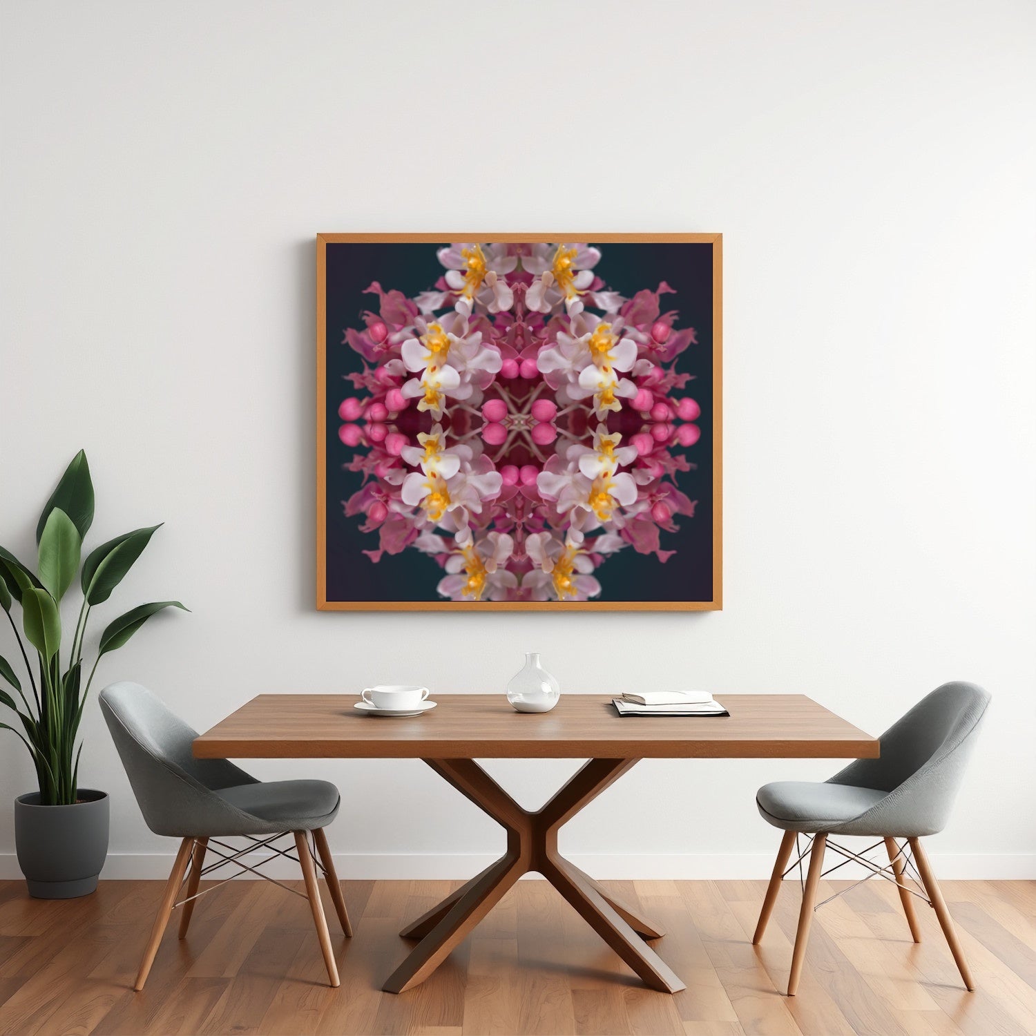 Orchid Haze wall art – soft pink and yellow orchids blurred in dreamy symmetry, elegant floral print in minimalist dining