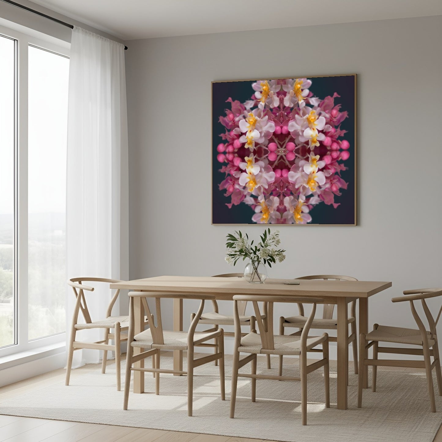 Orchid Haze wall art – soft pink and yellow orchids blurred in dreamy symmetry, elegant floral print in Scandinavian dining