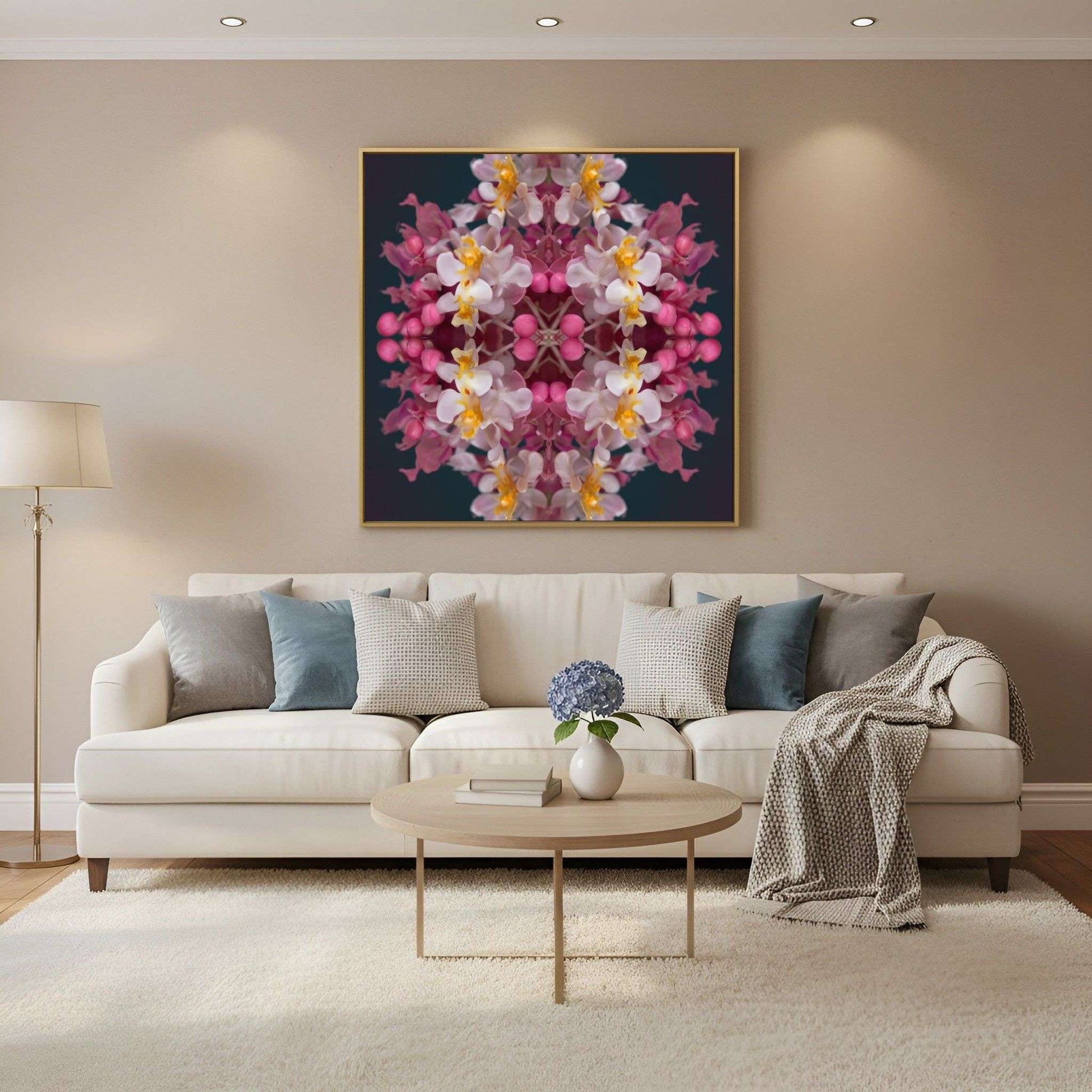 Orchid Haze wall art – soft pink and yellow orchids blurred in dreamy symmetry, elegant floral print in Scandinavian living room