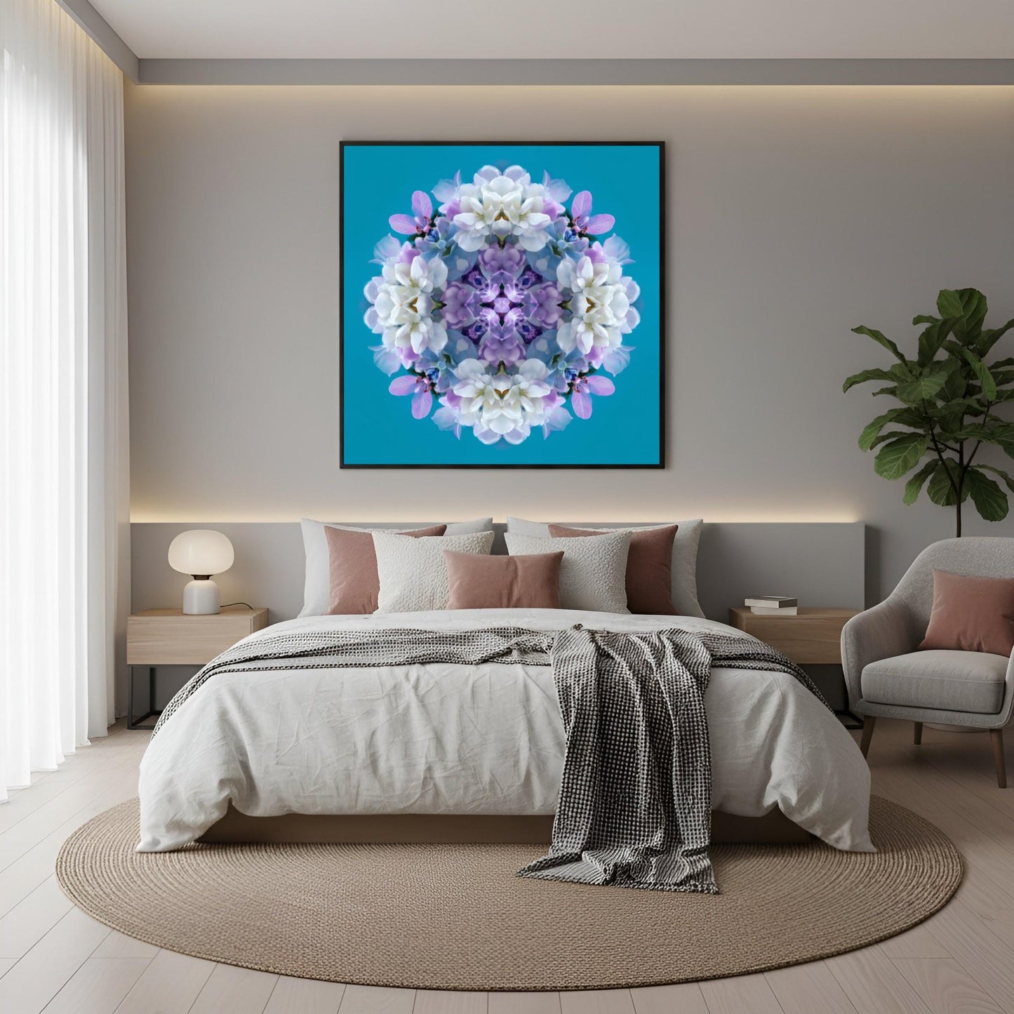 Serene Blooms print – lavender, aqua, and white hydrangea petals in symmetry, chic floral artwork in boho bedroom
