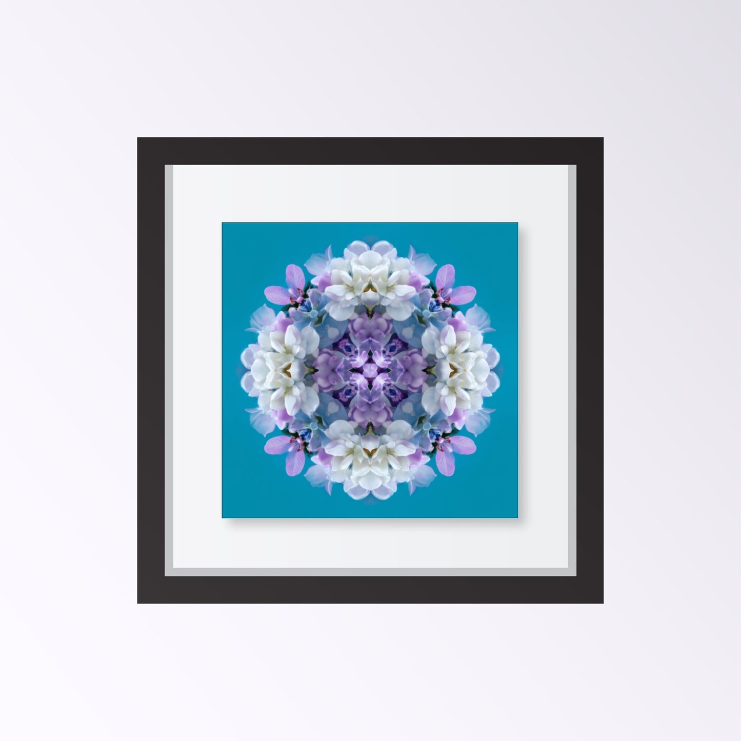 Serene Blooms print – lavender, aqua, and white hydrangea petals in symmetry, chic floral artwork framed black