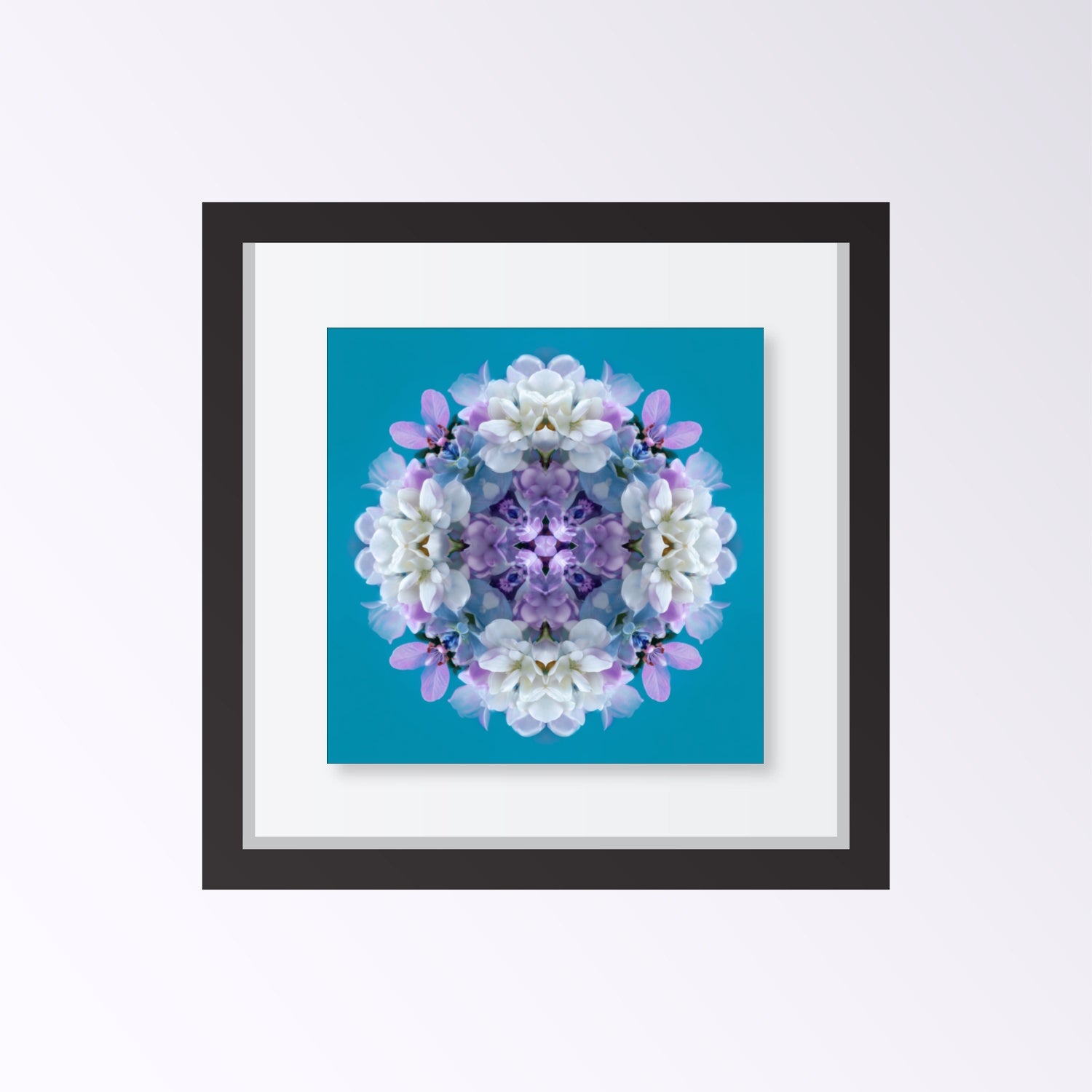 Serene Blooms print – lavender, aqua, and white hydrangea petals in symmetry, chic floral artwork framed black