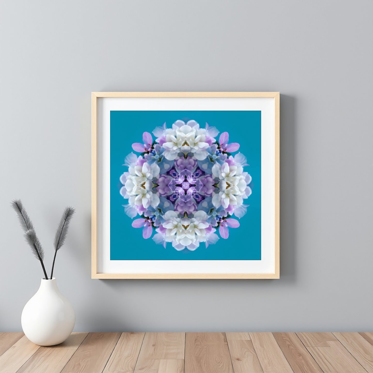 Serene Blooms print – lavender, aqua, and white hydrangea petals in symmetry, chic floral artwork framed white