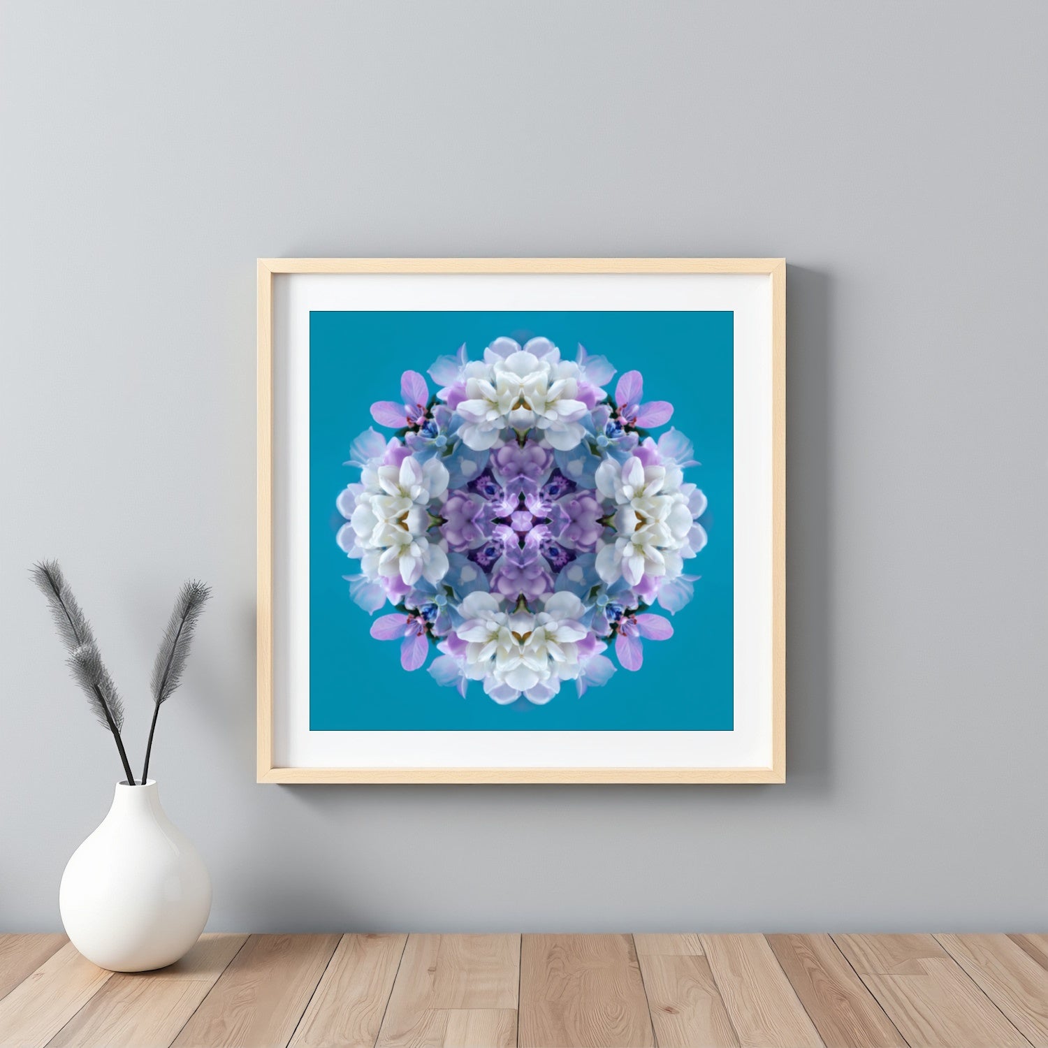 Serene Blooms print – lavender, aqua, and white hydrangea petals in symmetry, chic floral artwork framed white