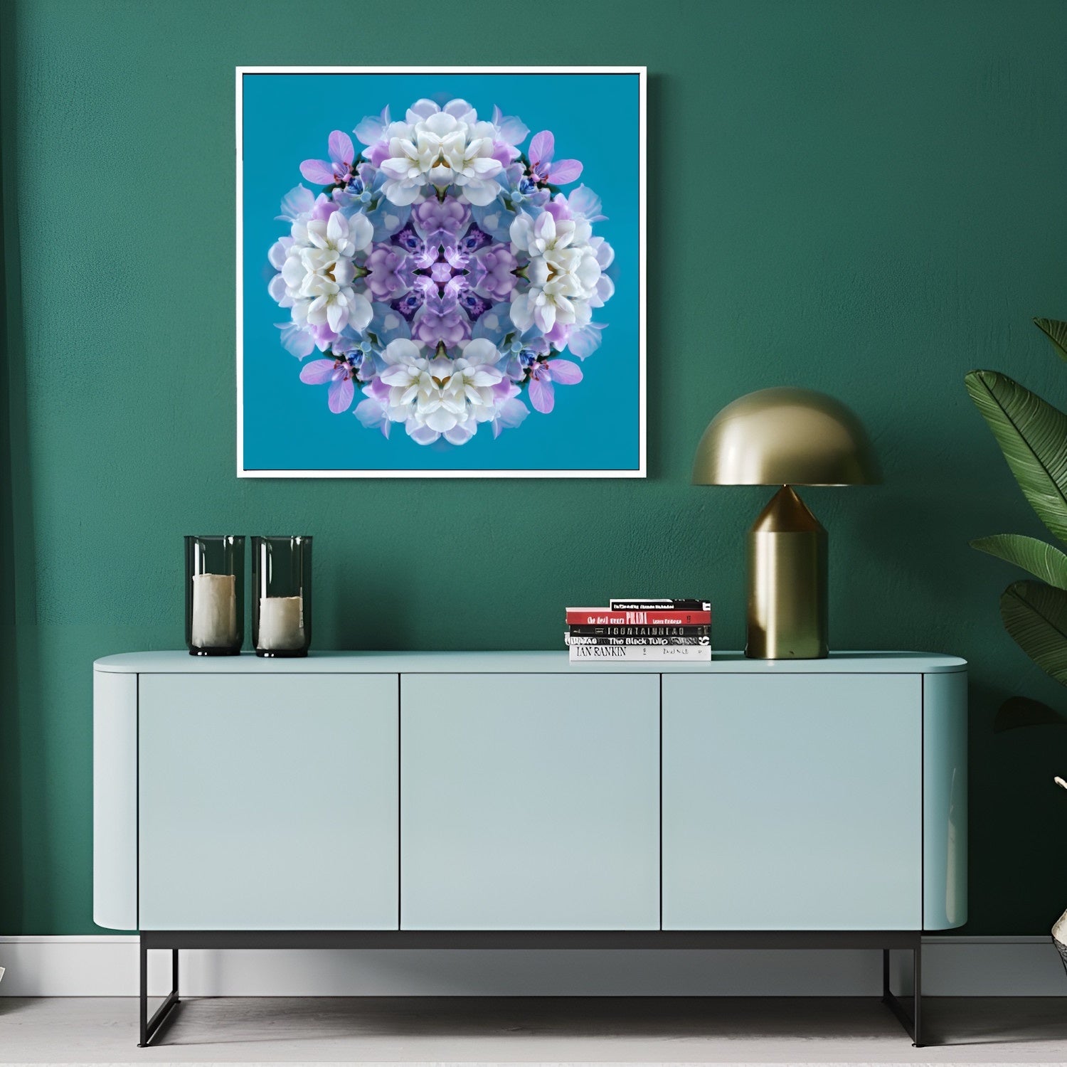 Serene Blooms print – lavender, aqua, and white hydrangea petals in symmetry, chic floral artwork in modern hallway