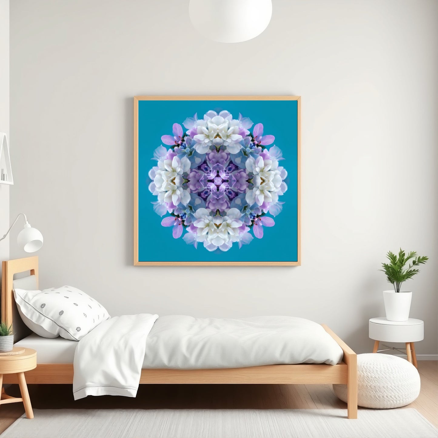 Serene Blooms print – lavender, aqua, and white hydrangea petals in symmetry, chic floral artwork in kids room