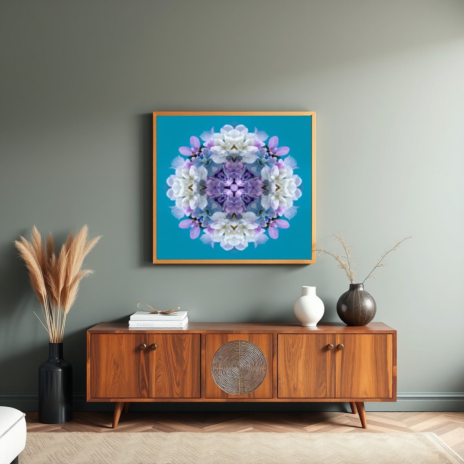 Serene Blooms print – lavender, aqua, and white hydrangea petals in symmetry, chic floral artwork in living room