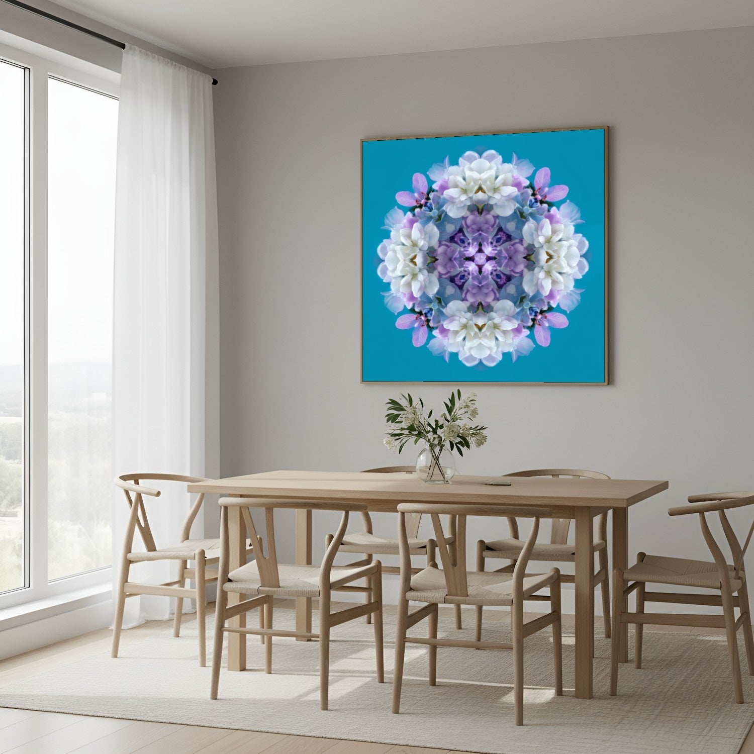 Serene Blooms print – lavender, aqua, and white hydrangea petals in symmetry, chic floral artwork in Scandinavian dining