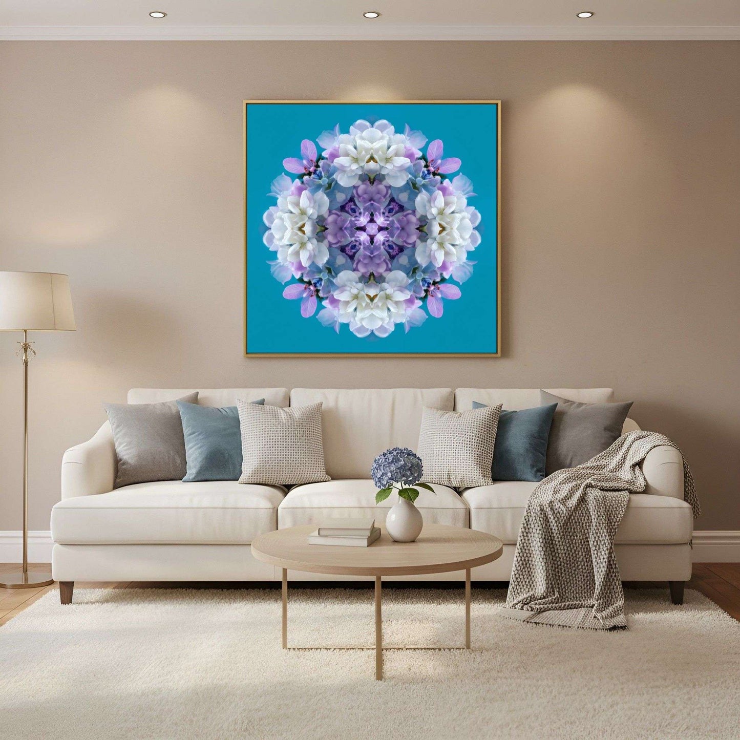 Serene Blooms print – lavender, aqua, and white hydrangea petals in symmetry, chic floral artwork in Scandinavian living