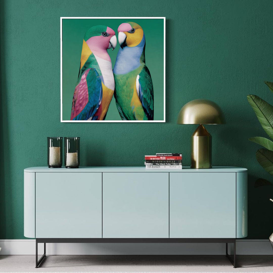 hallway with a Framed artwork Abstract colorful birds parrots green blue pink wall art poster print for home decor